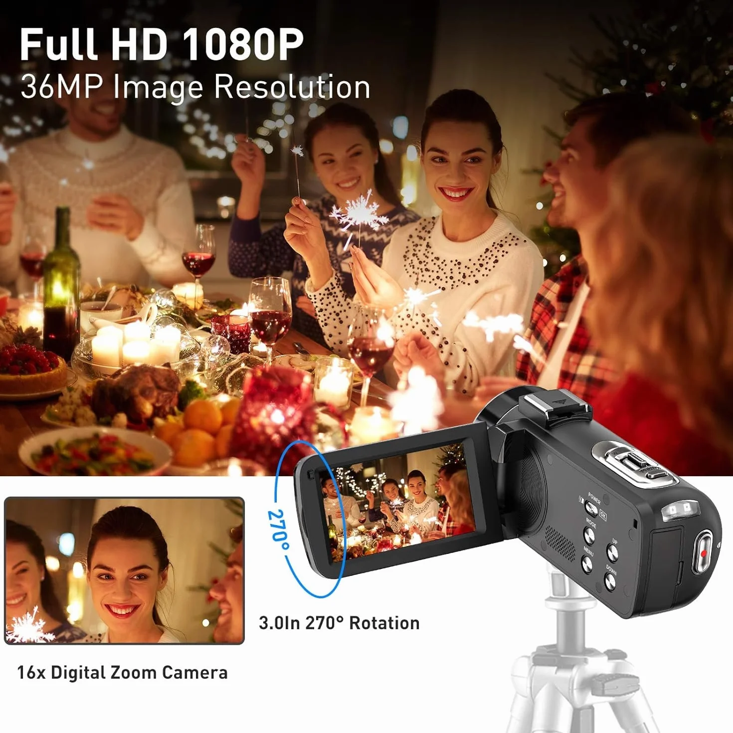 Caméscope, Camescope Numerique 1080P 36MP IR Vision Nocturne 16X Zoom Numérique 3,0 Pouces LCD 270 Degrés Ecran Rotatif Vlogging Caméra pour Youtube avec Télécommande, 2 Piles