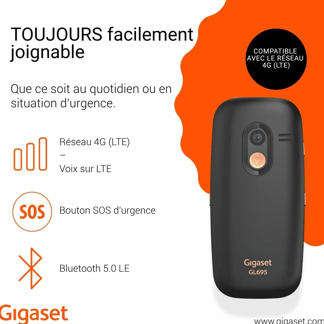 Gigaset GL695 téléphone Senior à Grandes Touches 4G Volte écran IPS 2,31" Batterie 1400 mAh Audio Boost Touche SOS Bluetooth 5.0 Noir