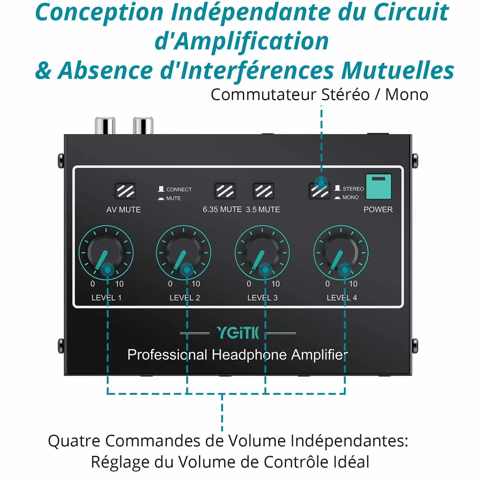 Amplificateur de Casque, Mono/Stéréo 4 Canaux Amplificateur Audio Professionnel, Séparateur de Casque Volume Indépendantes TRS 3,5 mm / 6,35 mm pour Scène Clavier de Guitare Basse