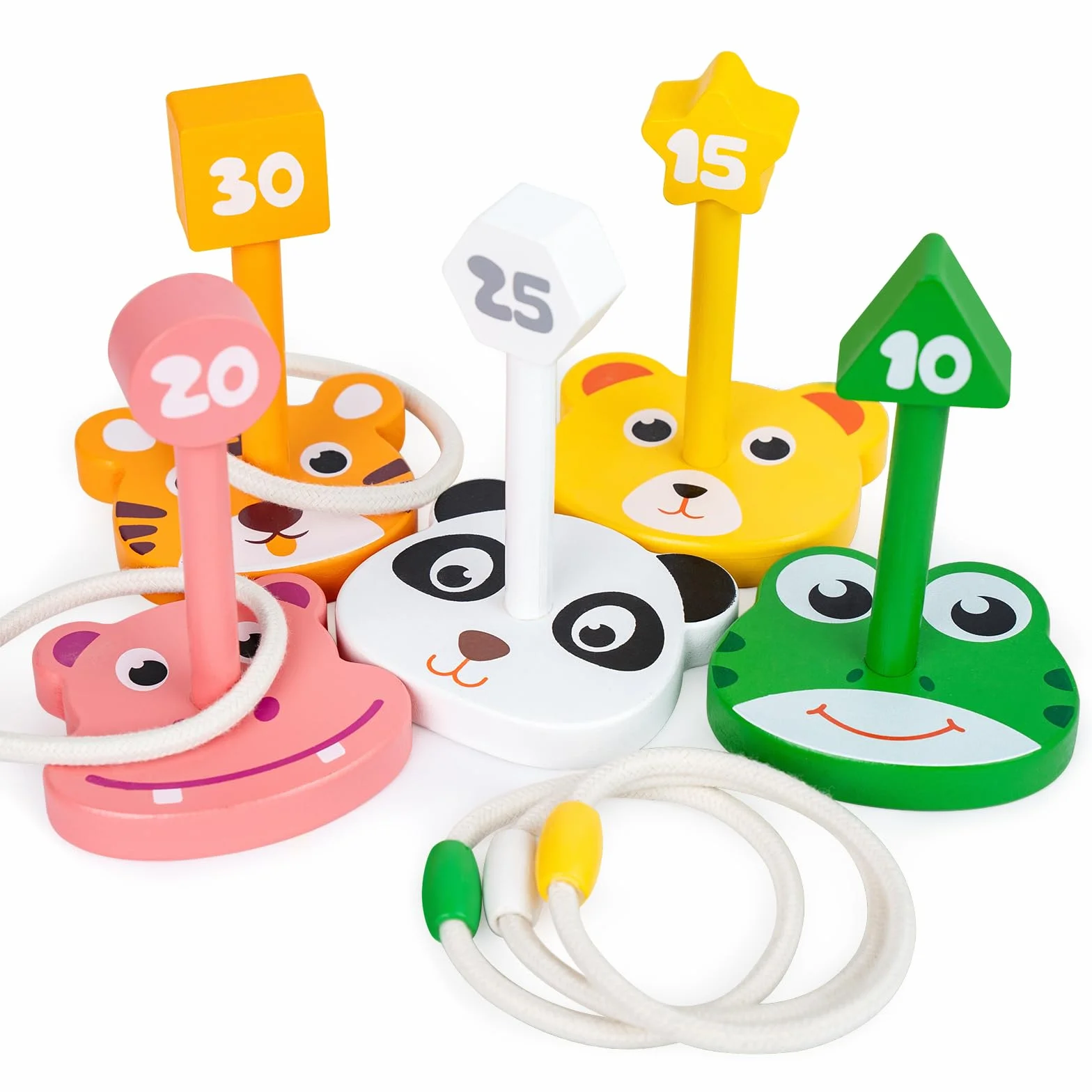 Jeu de Lancer d'Anneaux en Bois pour Enfants, Jeu d'Extérieur avec 5 Baguettes et 5 Anneaux