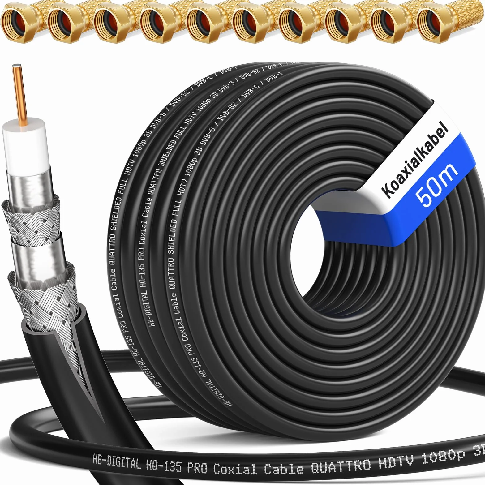 HB-DIGITAL Câble Coaxial HQ-135 50m 135dB Câble SAT 8K 4K UHD 4 Fois Blindé