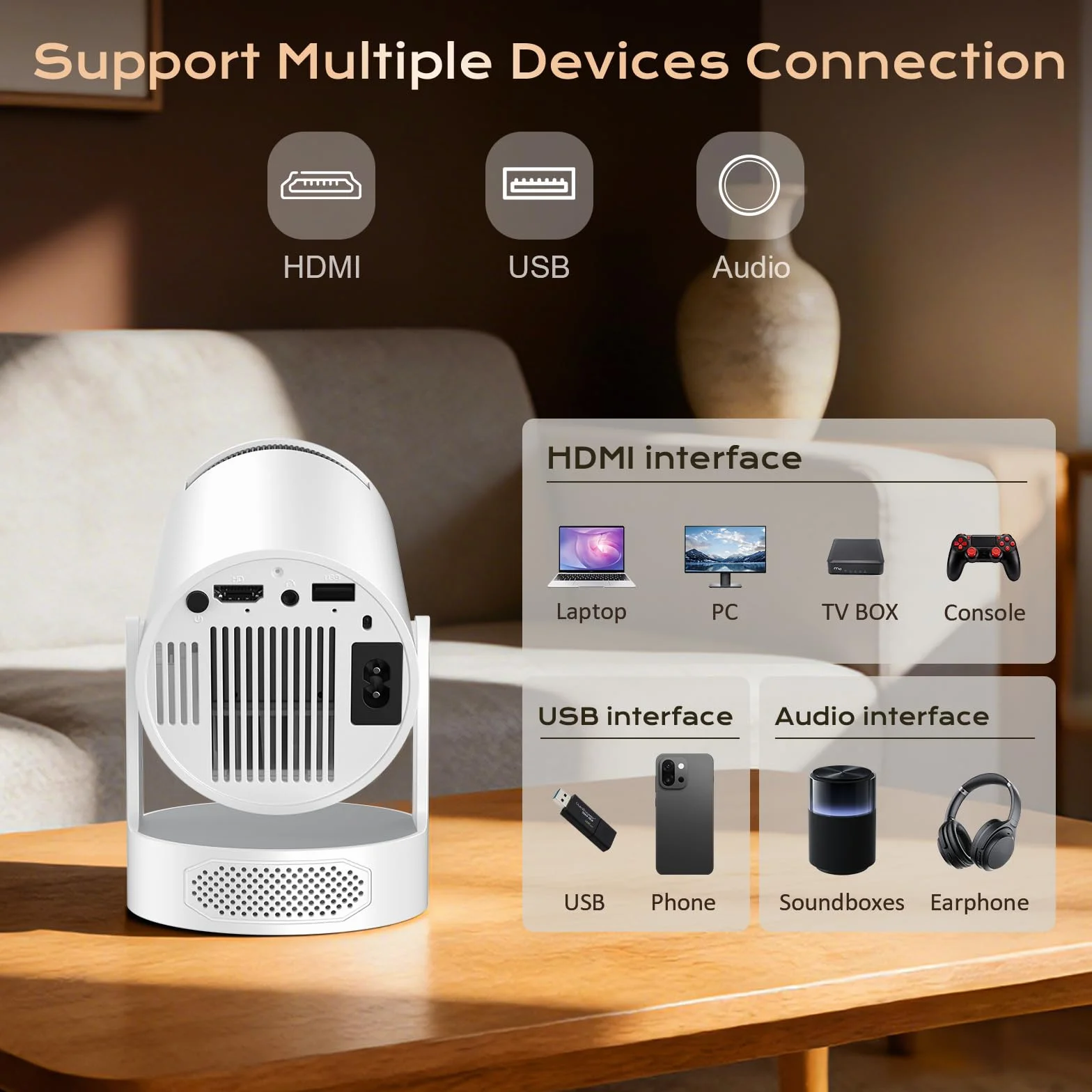 Videoprojecteur Portable WiFi 6 Bluetooth 5.4 Mini Projecteur Vidéo 1080P 4K Rotation 270° HDMI USB Haut-Parleur Intérieur Extérieur