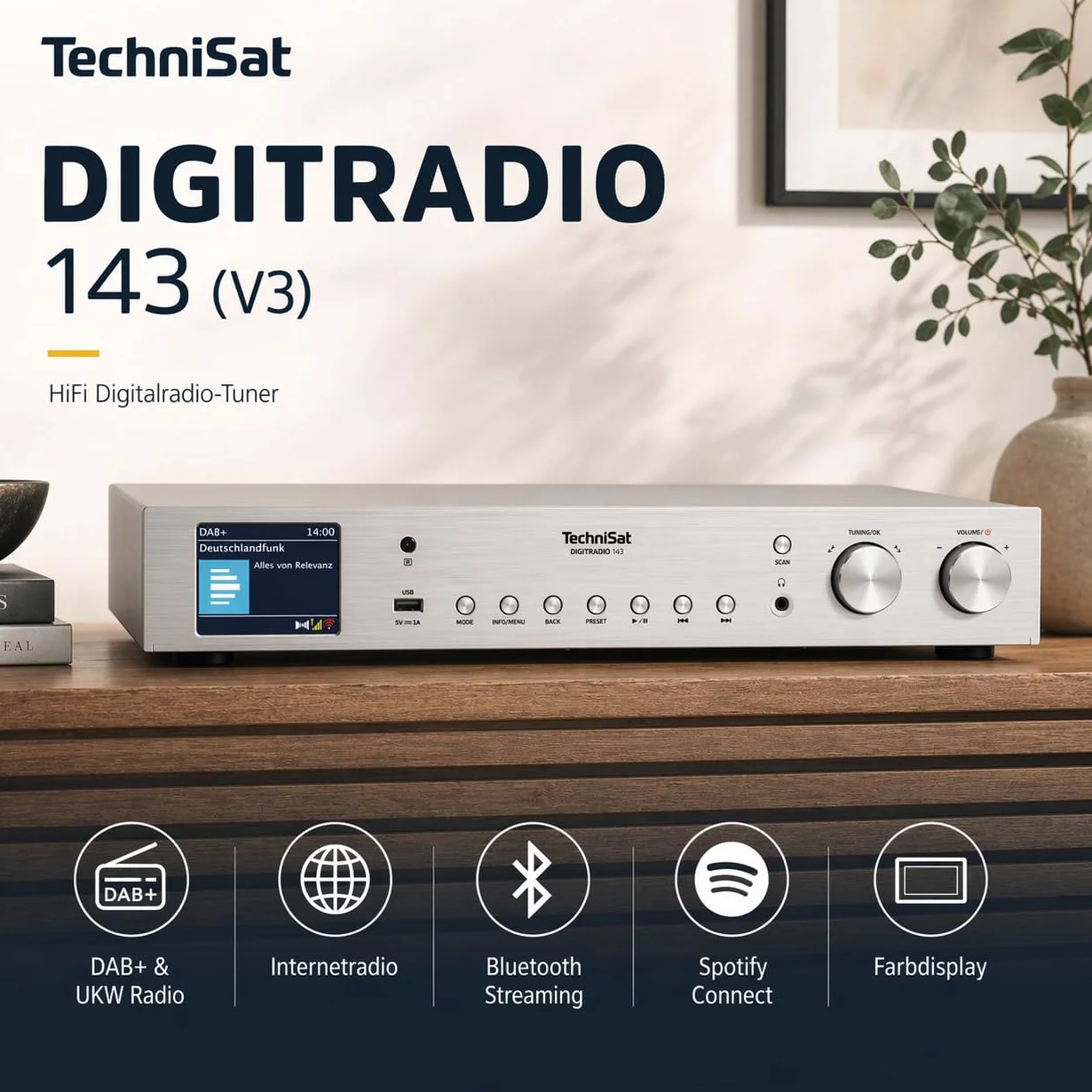 TechniSat DIGITRADIO 143 (V3) - Tuner HiFi Internetradio (Radio numérique Dab+, Streaming Audio Bluetooth, Spotify Connect, antenne Filaire, télécommande, Largeur 43,5 cm) Argent