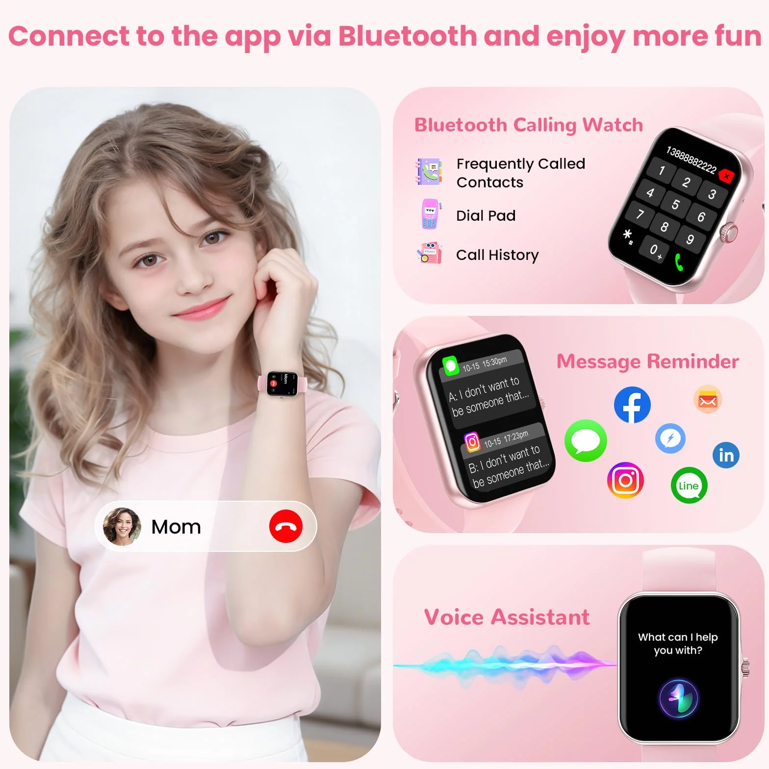 PTHTECHUS Montre Connectée Enfant avec Appel Bluetooth, 1,83" Fitness Tracker pour Garçon Fille 5-16 Ans, 120+ Modes Sport Podomètre Réveil Jeux Étanche IP68 Cadeau Anniversaire, Rose