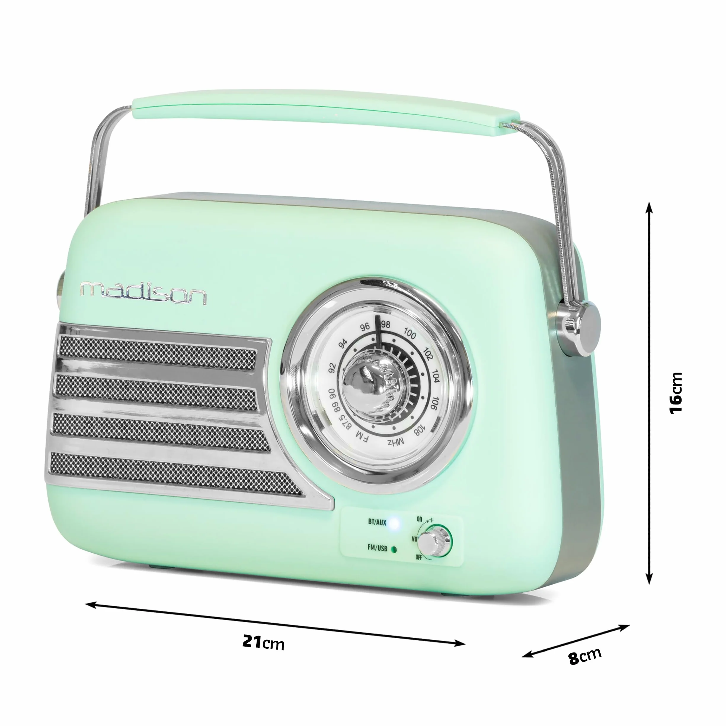 Madison - FREESOUND-VR40GR-MAT - Radio Vintage 30W sur Batterie Longue autonomie - Bluetooth, USB & FM - Vert pâle Mat - Vintage, Nostalgie, rétro