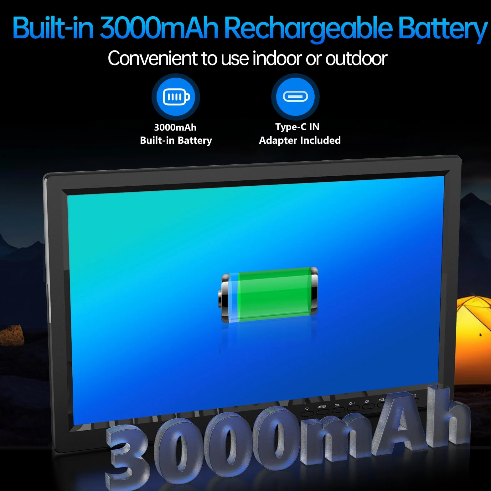 Desobry Télévision Portable 15,6 Pouces HD 1080P TV Camping Batterie 3000mAh Tuner DVB-T2 HDMI