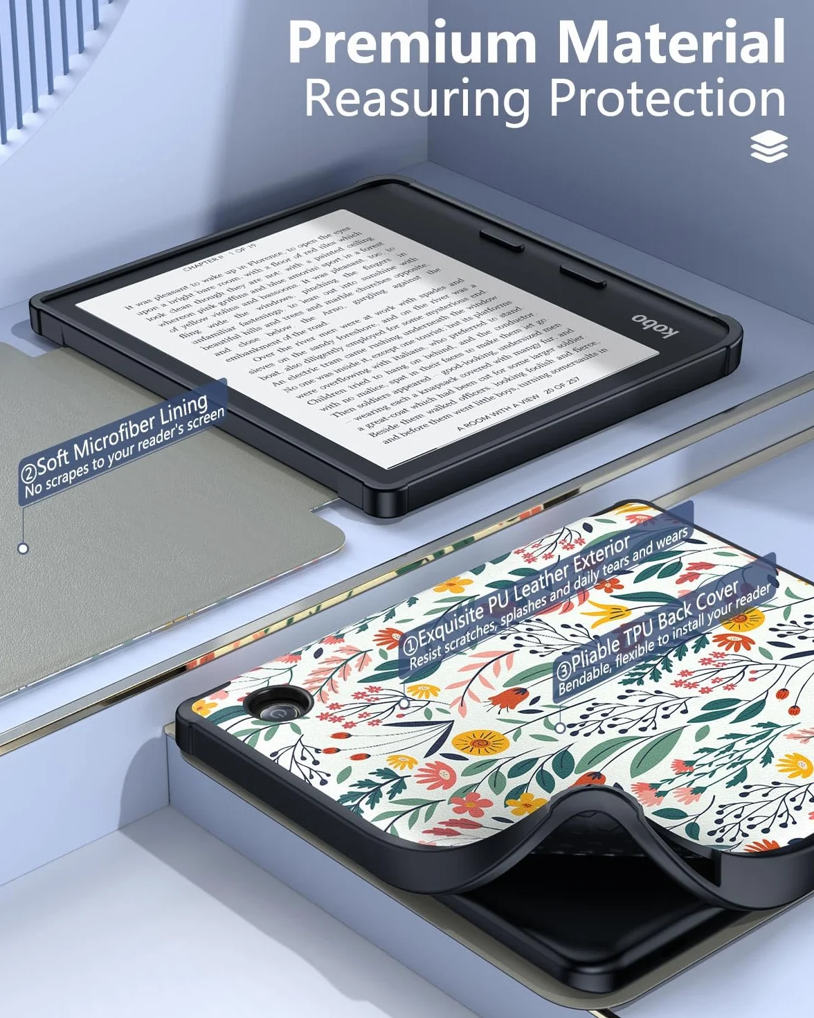 MoKo Coque pour Kobo Libra Colour 7 Pouces 2024, Étui de Protection Souple TPU Ultra-Mince et Léger Anti-Rayures avec Réveil/Sommeil Automatique pour Kobo Libra Colour Tablette 2024, Fleur