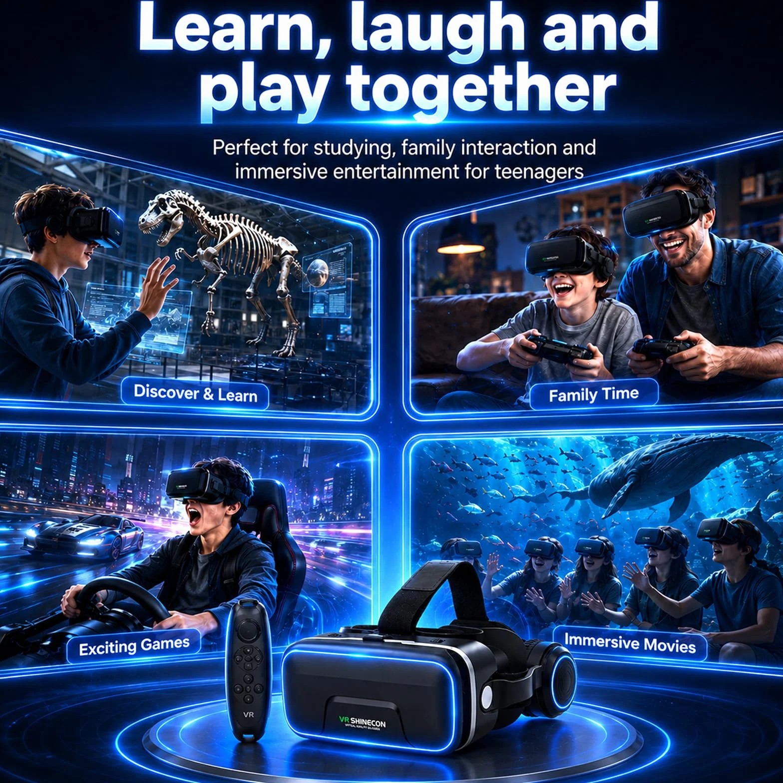Casque VR 3D avec Écouteurs Verres HD Anti-Lumière Bleue Compatible Smartphones iPhone Android 4,7-7,2"