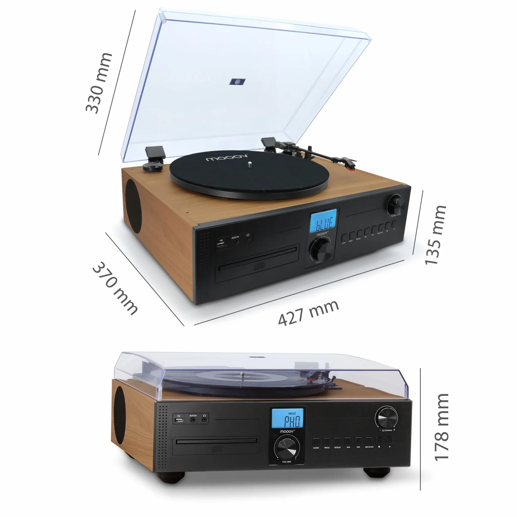 Mooov Micro-chaîne HiFi Radio CD Platine Vinyle 33 45 78 Tours Bluetooth
