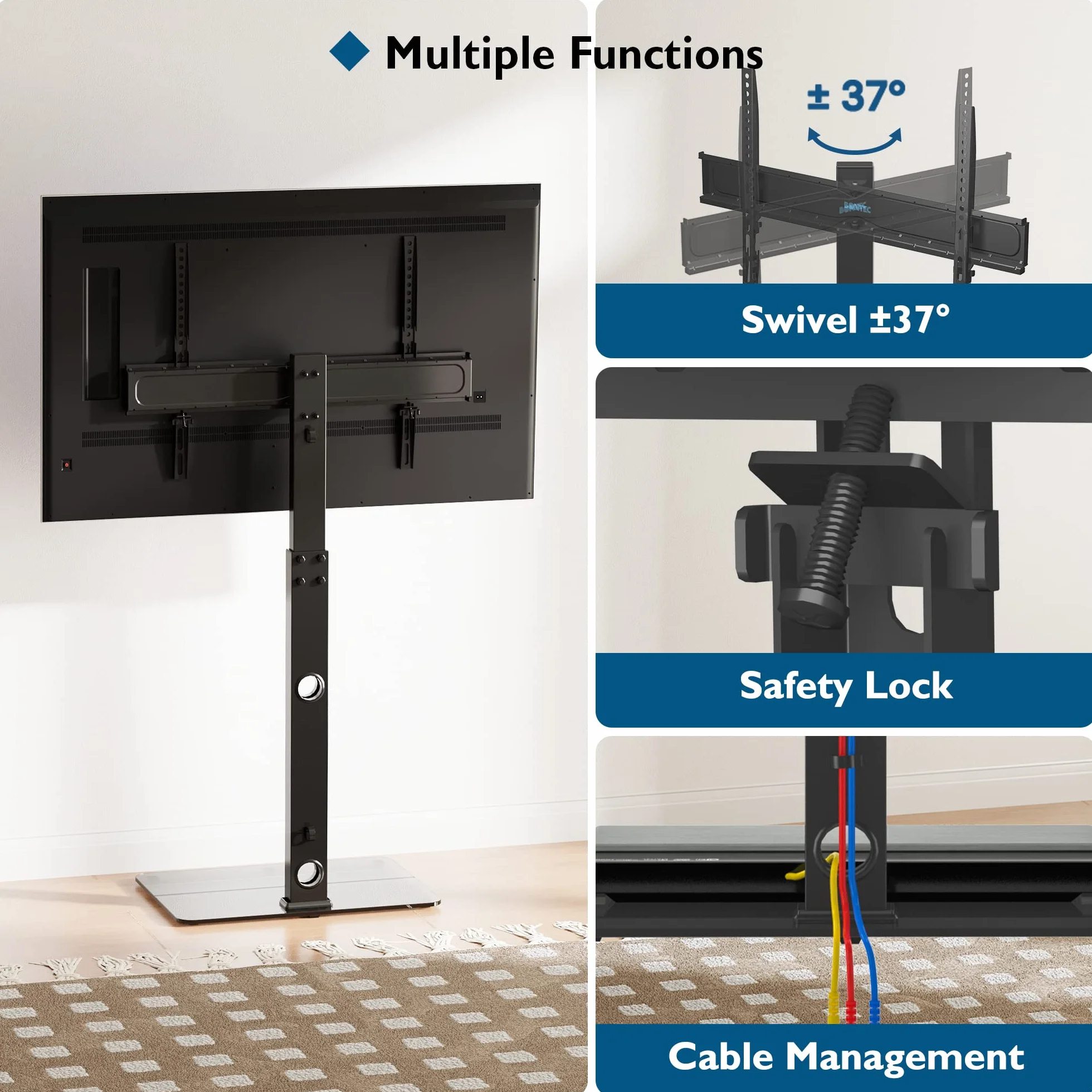 BONTEC Support TV de Sol pour Téléviseurs de 30-70 Pouces Plasma/LED/LCD/OLED Incurvés & Plats, Support TV Haut Réglable en Hauteur jusqu'à 40 kg, Max VESA 600x400 mm