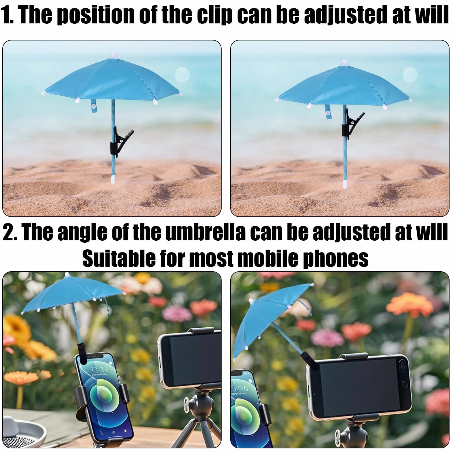 BOXOB Pince Parapluie de Téléphone, Pare-Soleil pour Téléphone Portable Réglable Mini-Couverture Pare-Soleil pour Protéger L'Écran de Votre Mobile Portable du Soleil Pluie (Bleu)