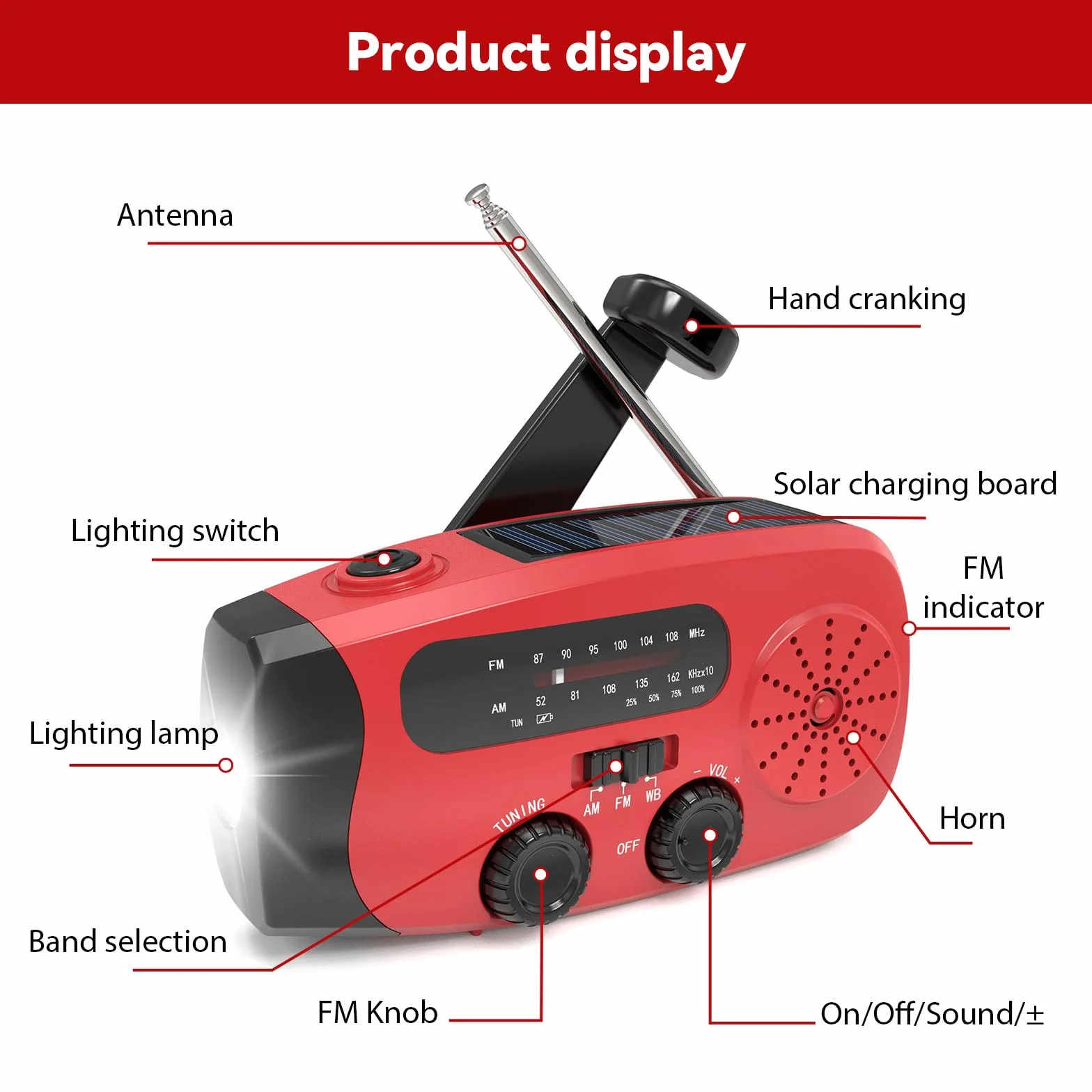 Radio solaire d'urgence à manivelle AM/FM météo avec lampe LED et alarme SOS, batterie 2000 mAh
