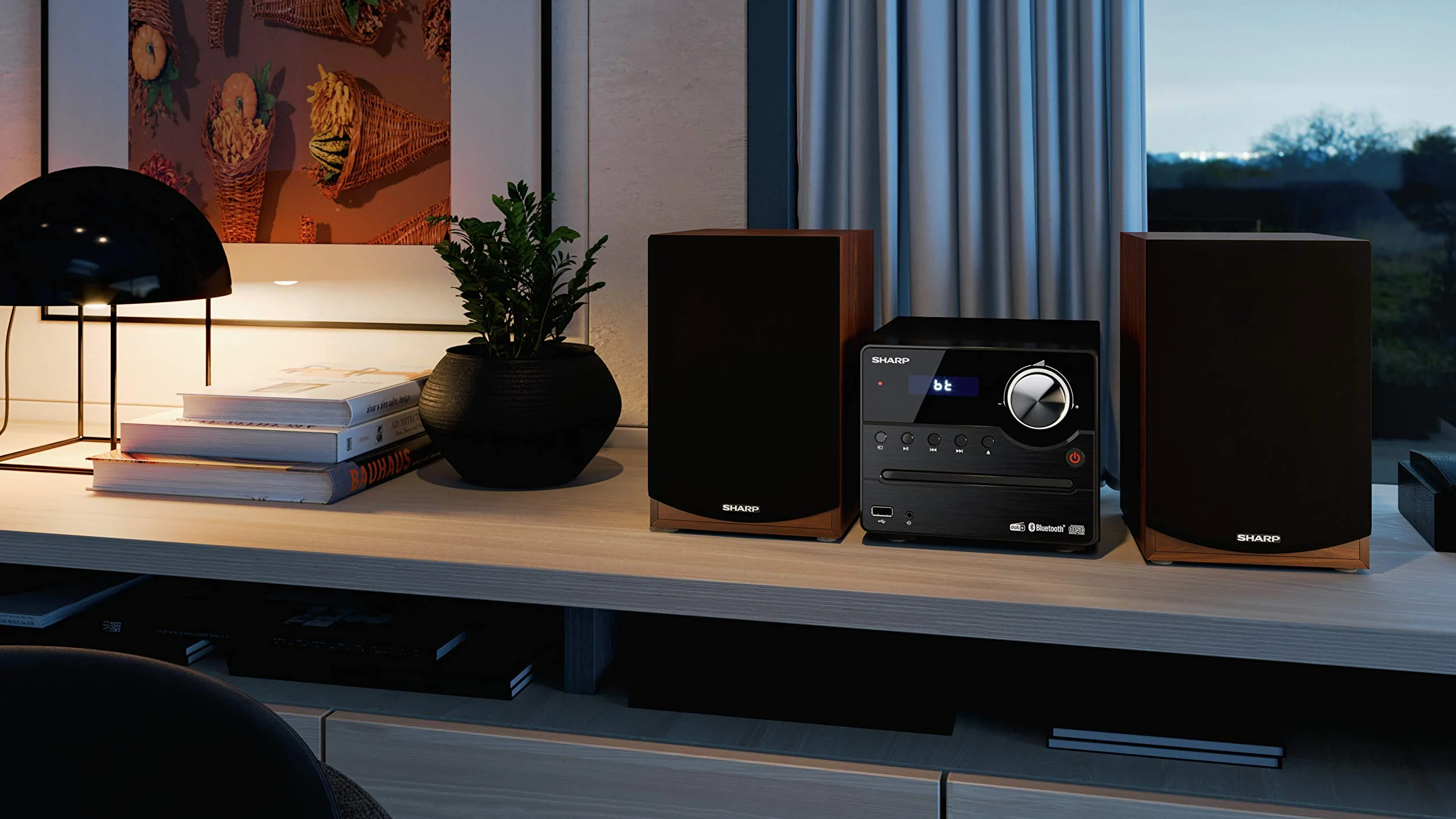 Sharp XL-B512(BR) Micro Chaîne Stéréo avec Radio FM, Bluetooth 5.0, CD-MP3, Haut-parleurs en Bois, 45 W Marron