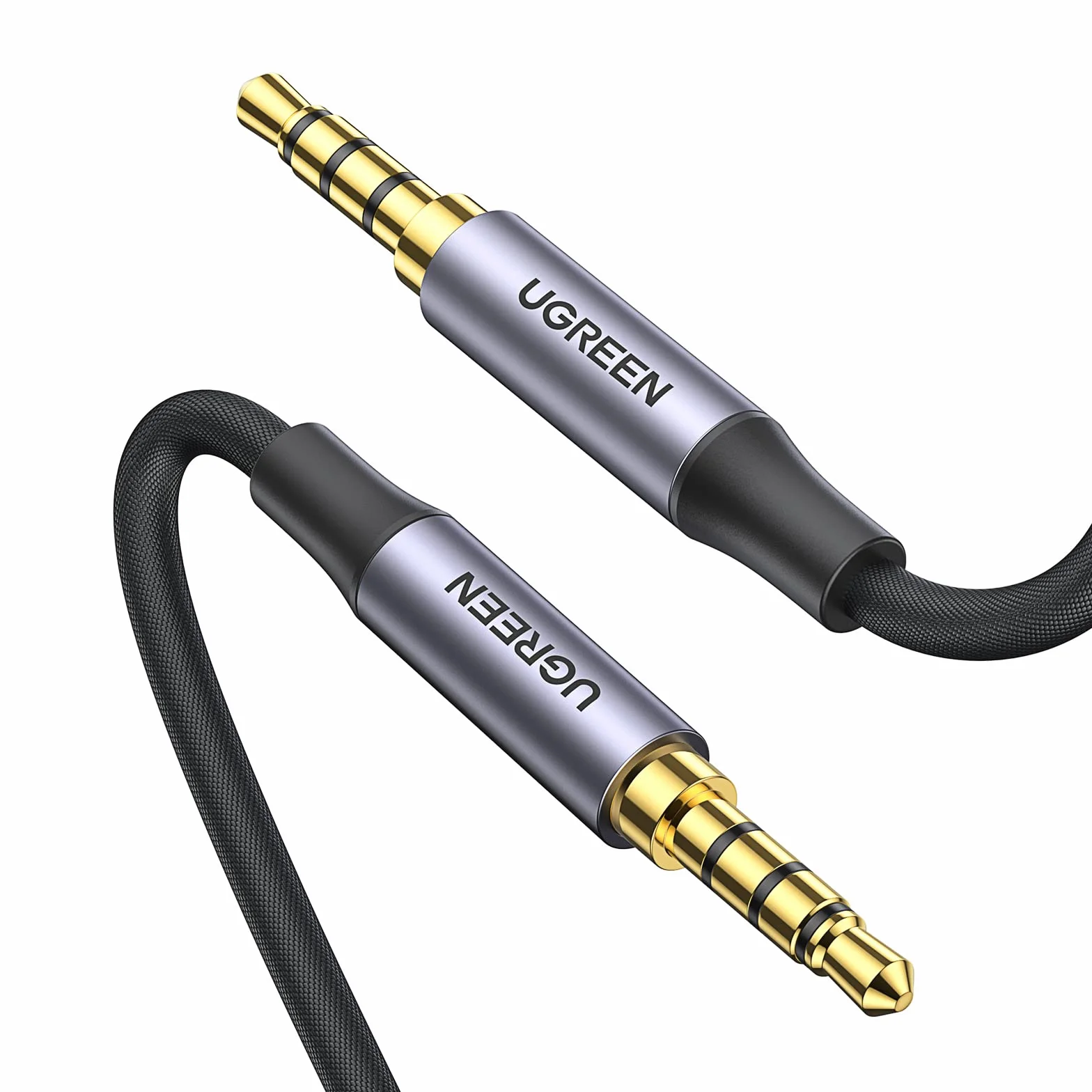 UGREEN Câble Audio Jack 3.5mm TRRS 4 Pôles Double Prise Mâle Stéréo Auxiliaire Voiture Nylon Tressé Compatible avec iPad iPod Casque Micro Tablette Chaîne HiFi MP4 MP3 Autoradio Amplificateur (1M)