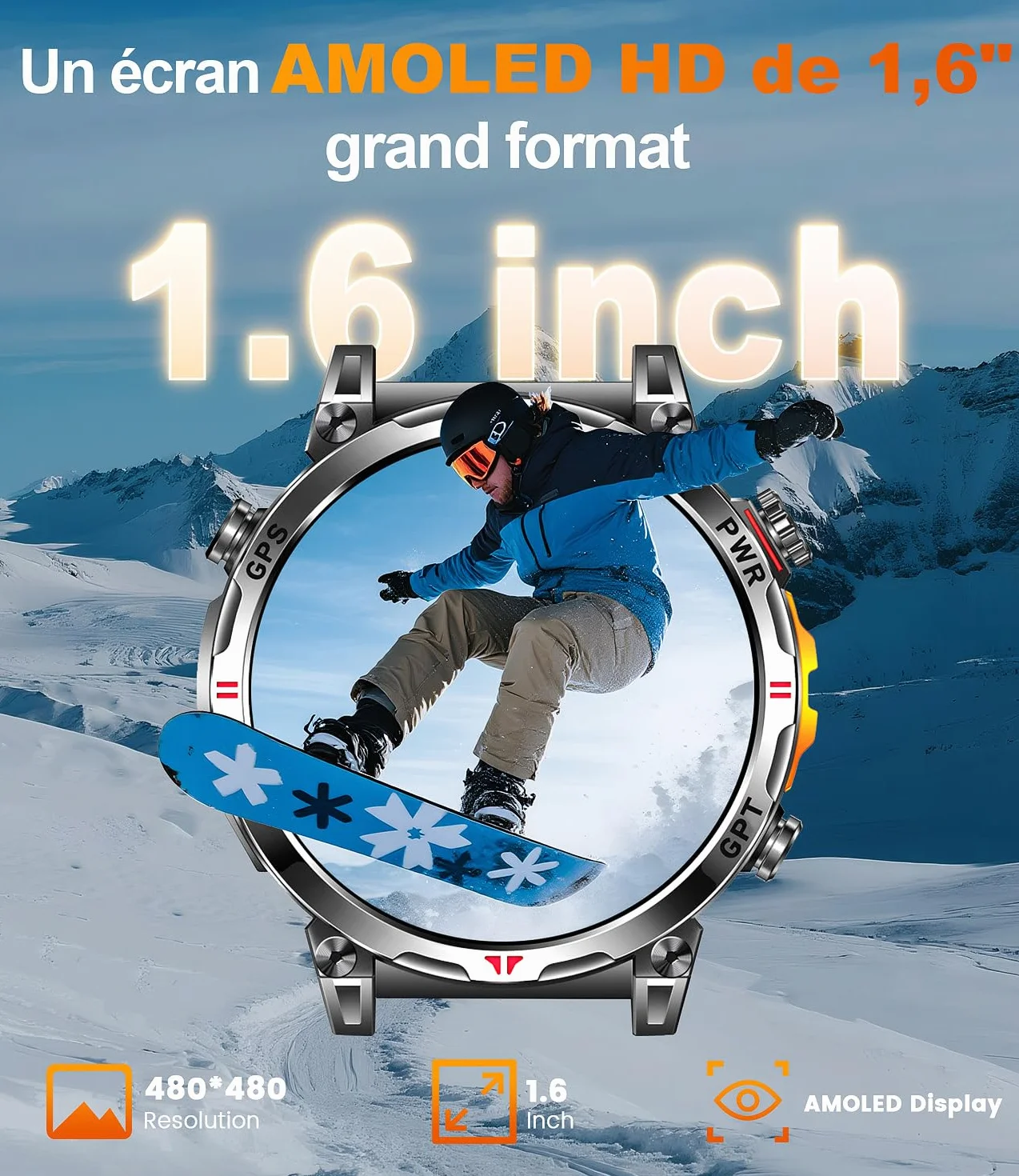 Montre Connectée Homme GPS intégré, AMOLED Appel Bluetooth, Montre Connectée pour Android et iPhone, 100+ Modes Sportifs, 3ATM étanche Montre Sport Homme avec Boussole (1.6)