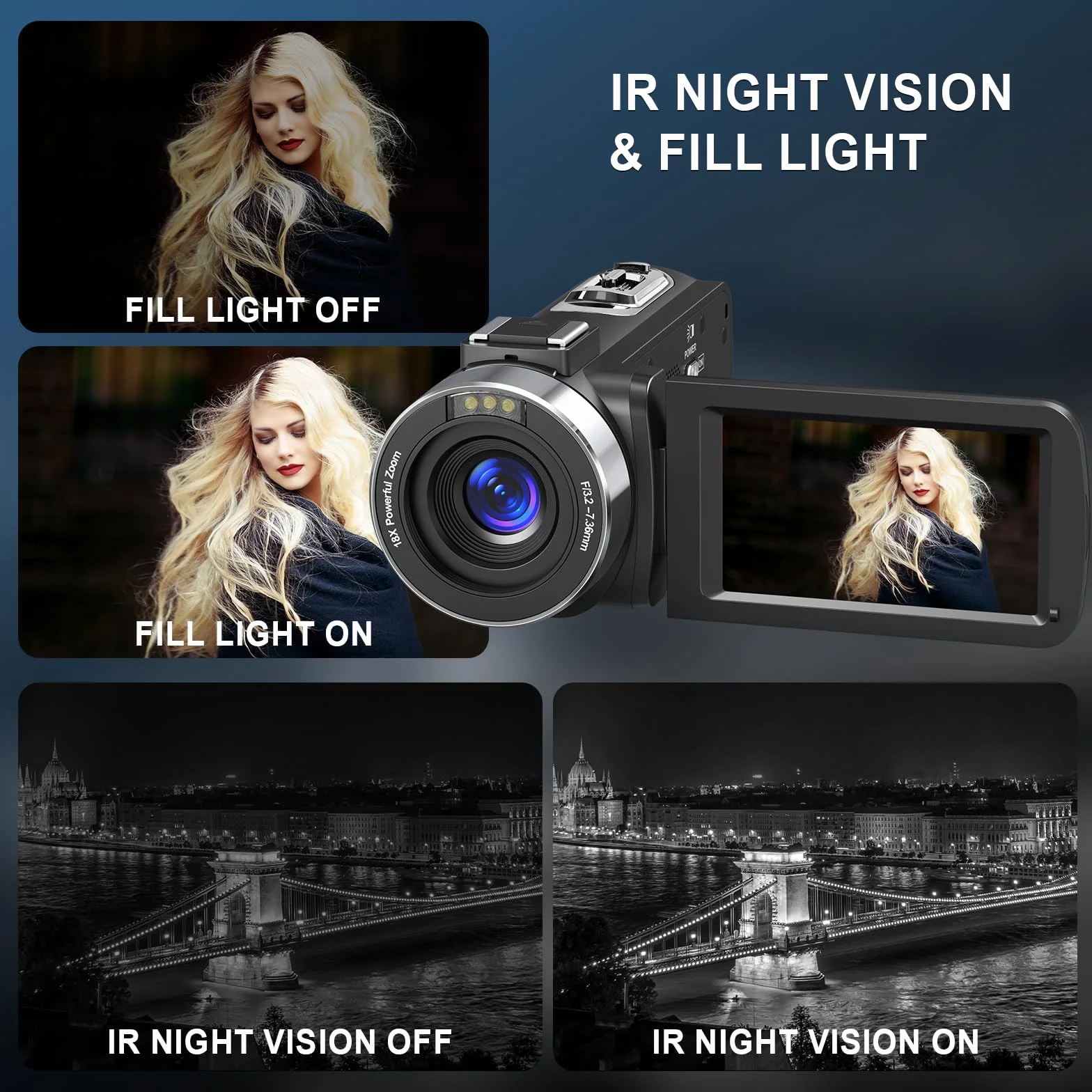 Caméscope 8K 64MP Caméra Vidéo Zoom Numérique 18X WiFi Écran Tactile UHD 3 Pouces IR Vision Nocturne Vlogging avec Carte SD 32 Go