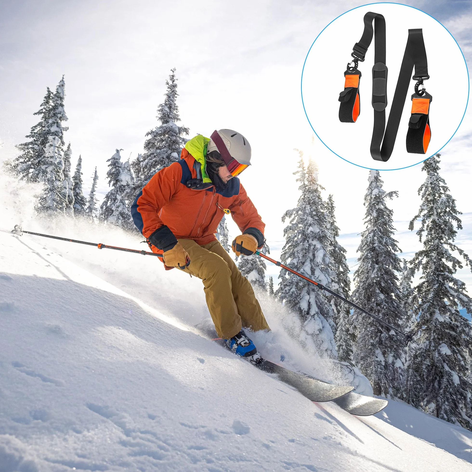 Sangle de Transport pour Skis Réglable 79-130cm, Porte Ski Dorsal avec Bretelle Confort