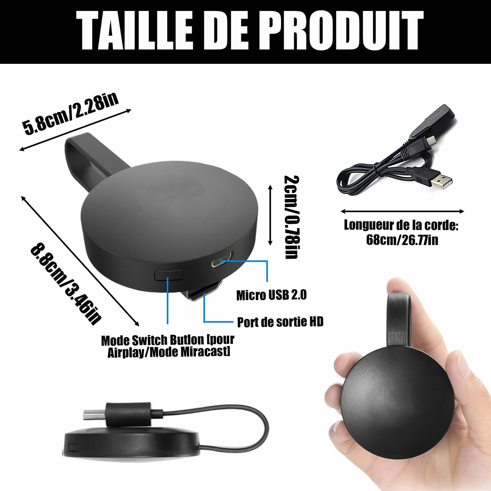 Adaptateur HDMI sans Fil 1080P WiFi Dongle Miracast Airplay DLNA pour Android iOS Windows Mac
