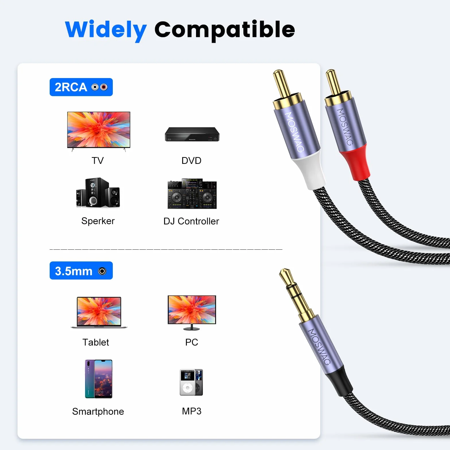 MOSWAG Câble RCA Jack Audio 3.5mm Mâle vers 2 RCA Mâle Tissage Nylon 1M
