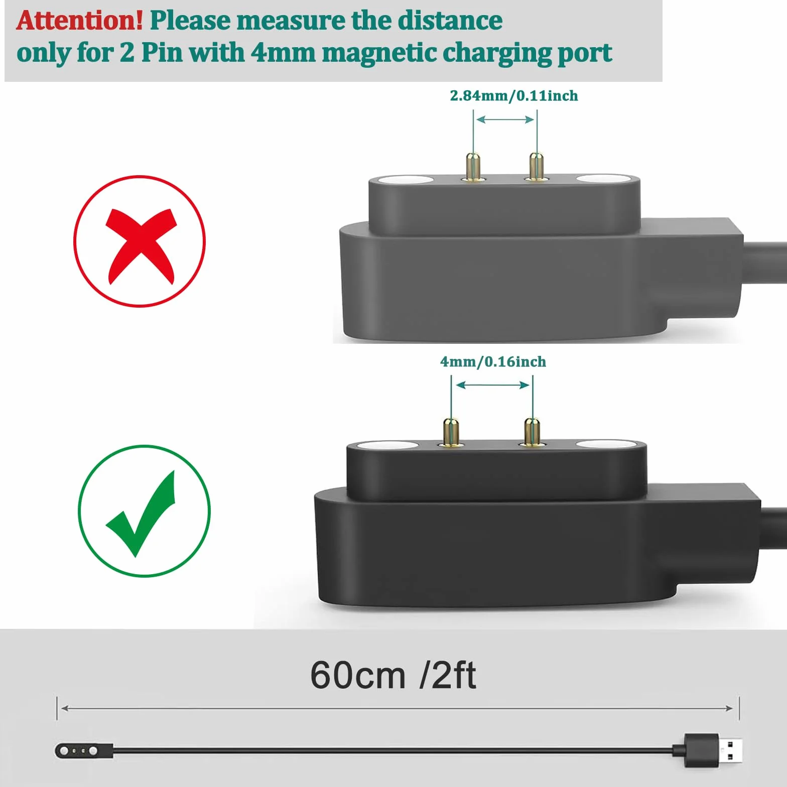 Amzpas Chargeur Montre Connectée, Câble USB 2 Broches de Charge Magnétique pour Smartwatch, Câble de Recharge pour Montre Intelligente Universel, Espacement des Contacts du Chargeur 4mm (USB 60cm)