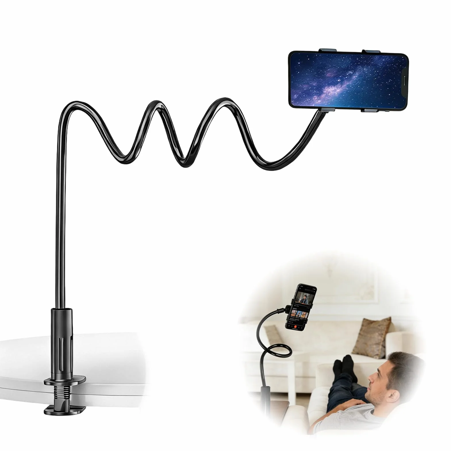 Support Telephone Lit, Support téléphone avec col de Cygne de - Réglable, avec bras télescopique flexible de 75 cm - Convient à tous les modèles - Convient pour les vidéos et regarder des films