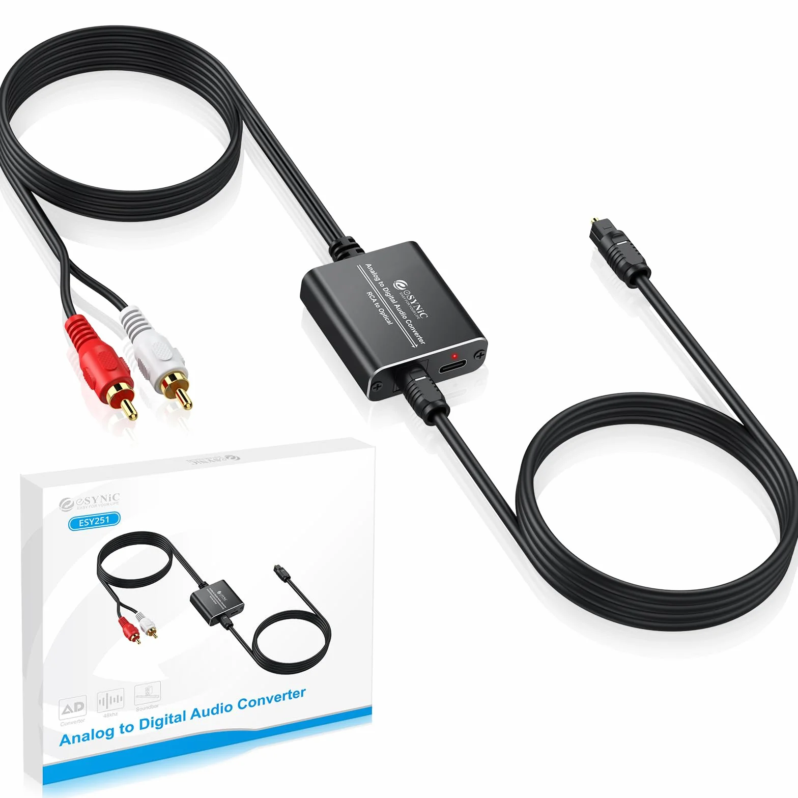 eSynic Convertisseur RCA vers SPDIF RCA vers Optique 48KHz Alliage Aluminium Câble Intégré de 1,1m Convertisseur Audio Analogique-numérique pour Platine CD DVD vers Soundbar