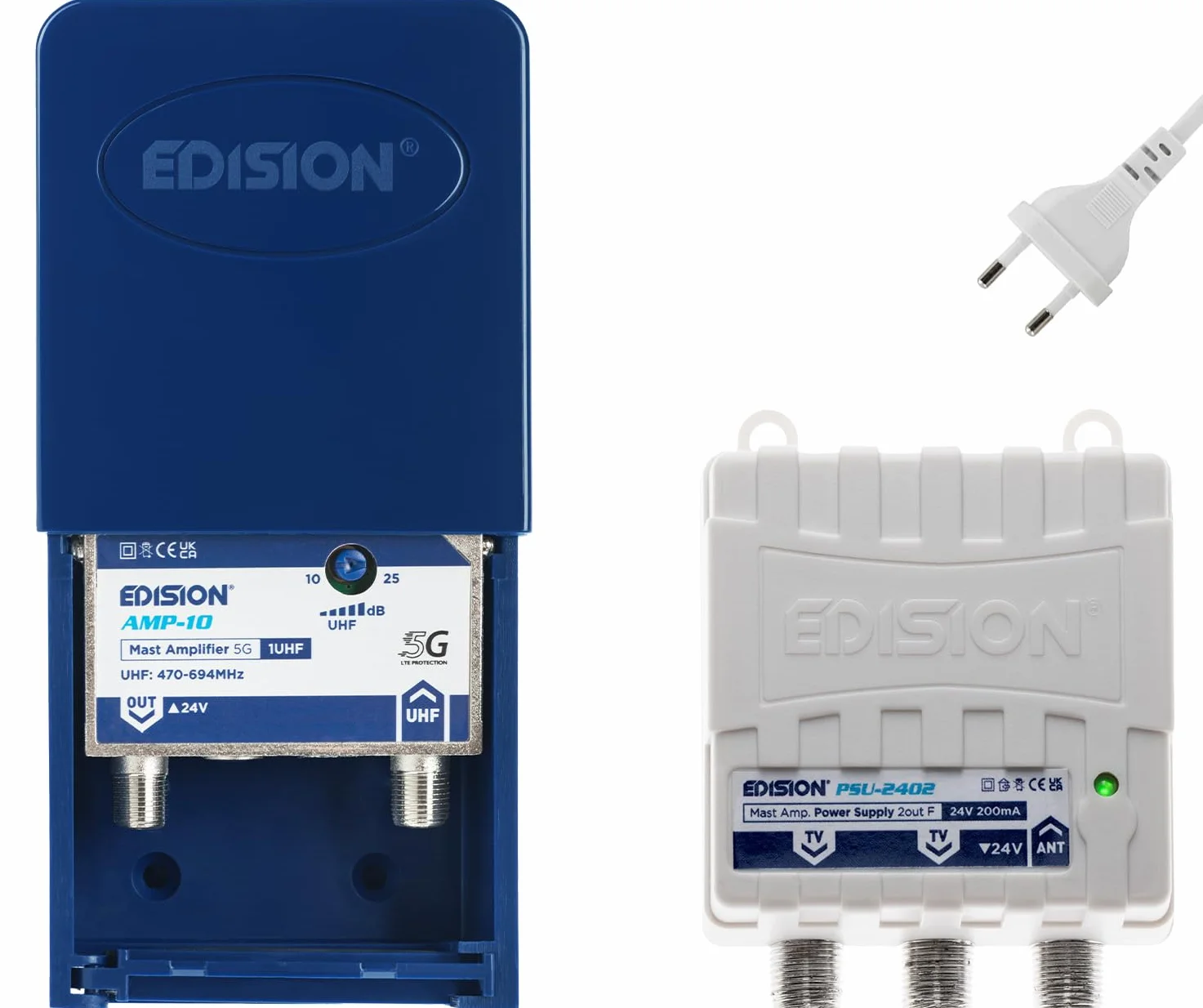 EDISION MAK-100 Kit Préamplificateur de mât Antenne TV TNT 1UHF 10-25dB 107dBmV 24V DVB-T/T2 Filtre 5G LTE Alimentation 24V 200mA 2 Sorties