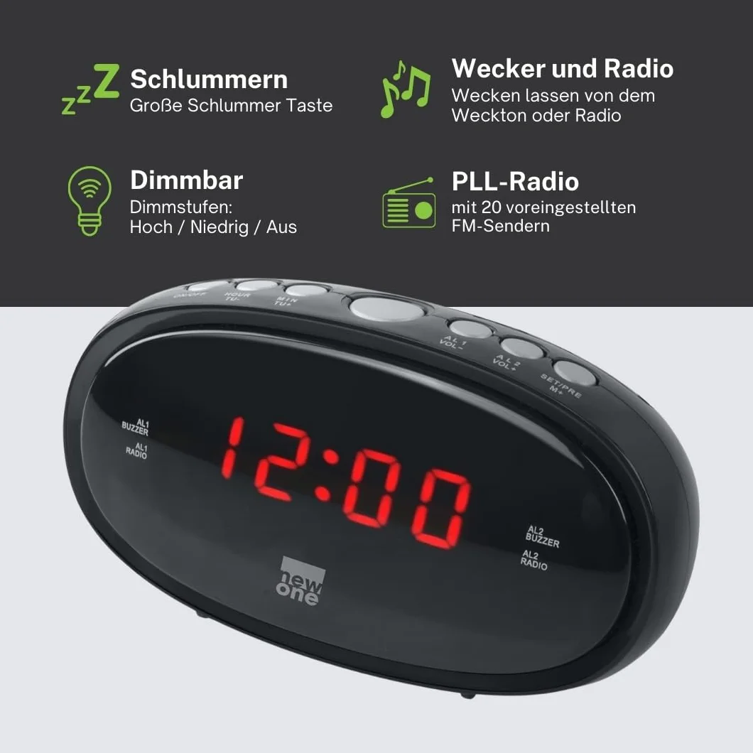 New One CR-100 Radio-Réveil avec Grand Écran LED | Double Alarme, Fonction Répétition, Radio FM, Luminosité Réglable, Alimentation Secteur + Sauvegarde Piles