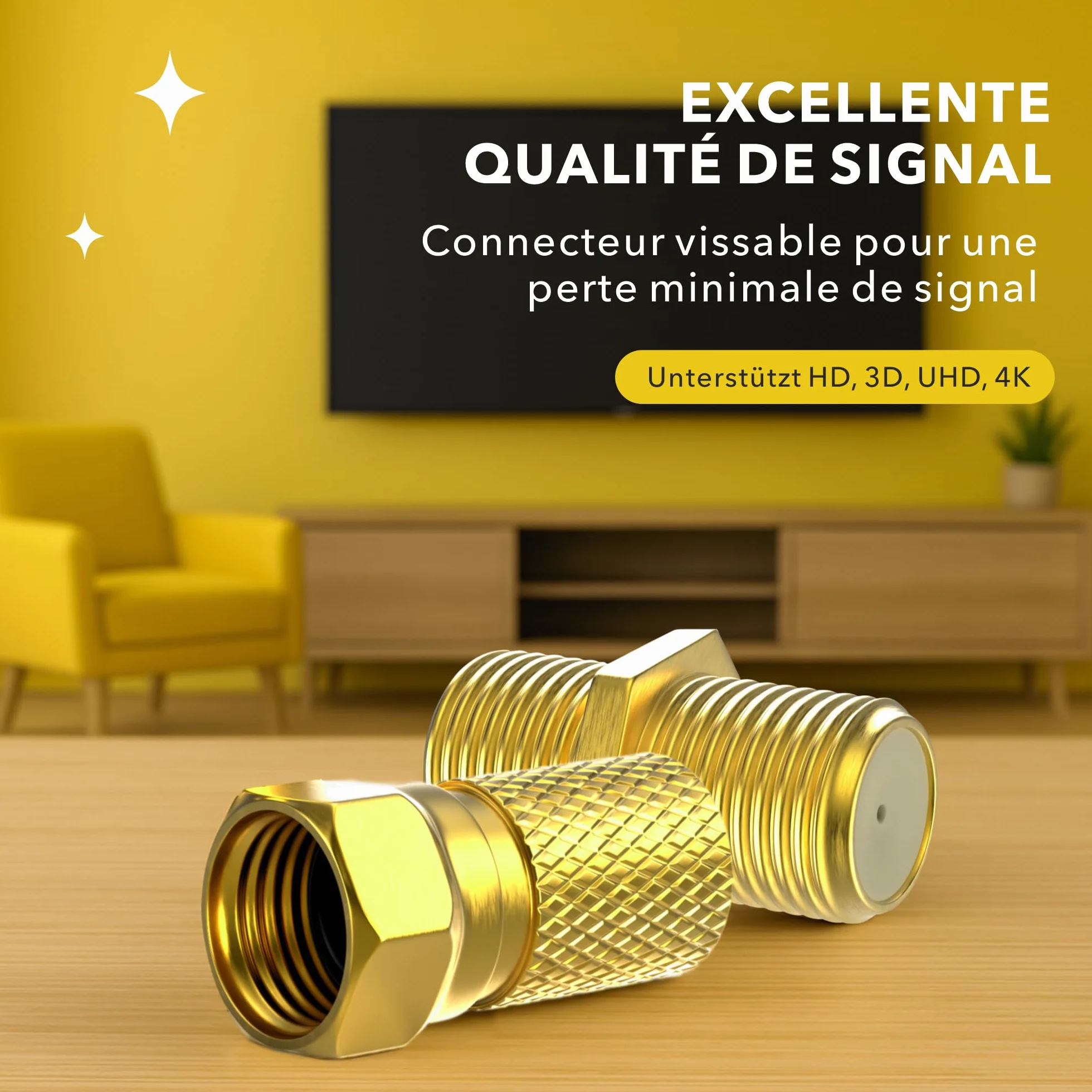 Connecteur F Fiche 7mm 10x + F Coupleur 5X | Joint en caoutchouc | Ecrou large à visser | Rallonge pour câble d'antenne coaxial Câble coaxial SAT | Satellite LNB F mâle + Connecteur Set