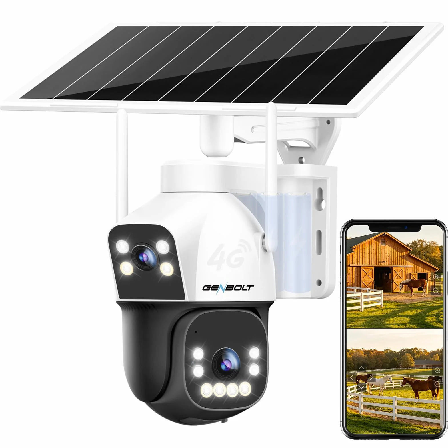 GENBOLT 4G AOV Solaire Caméra De Surveillance Extérieur sans Fil, Enregistrement 24/7 3MP+3MP IP SIM Caméra Surveillance Batterie avec détection IA, 8W 15600mAh Caméra CCTV