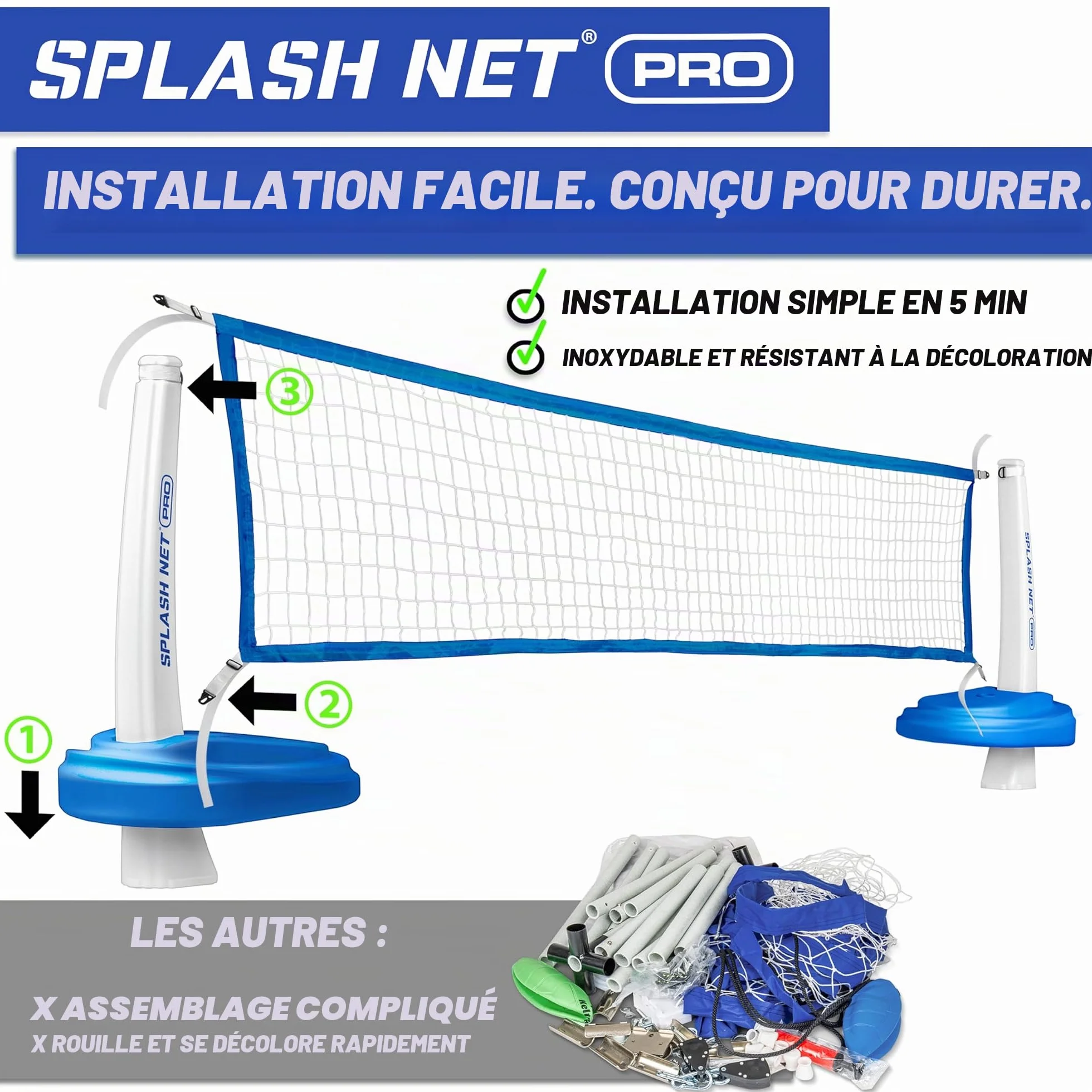GoSports Splash Net Pro Filet de Volleyball pour Piscine avec 2 Ballons et Pompe, Blanc, Rouge, Bleu