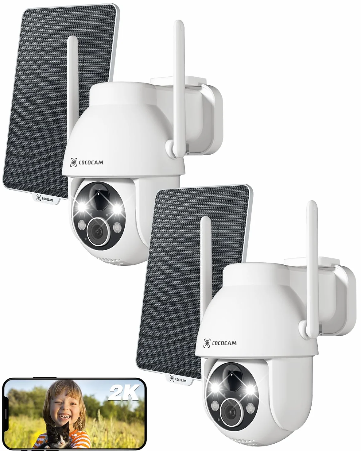 COCOCAM 2PCS 2K Camera Surveillance WiFi Exterieure sans Fil sur AI Détection Humaine, Vision Nocturne Couleur, Audio Bidirectionnel, 2.4GHz WiFi, Cloud