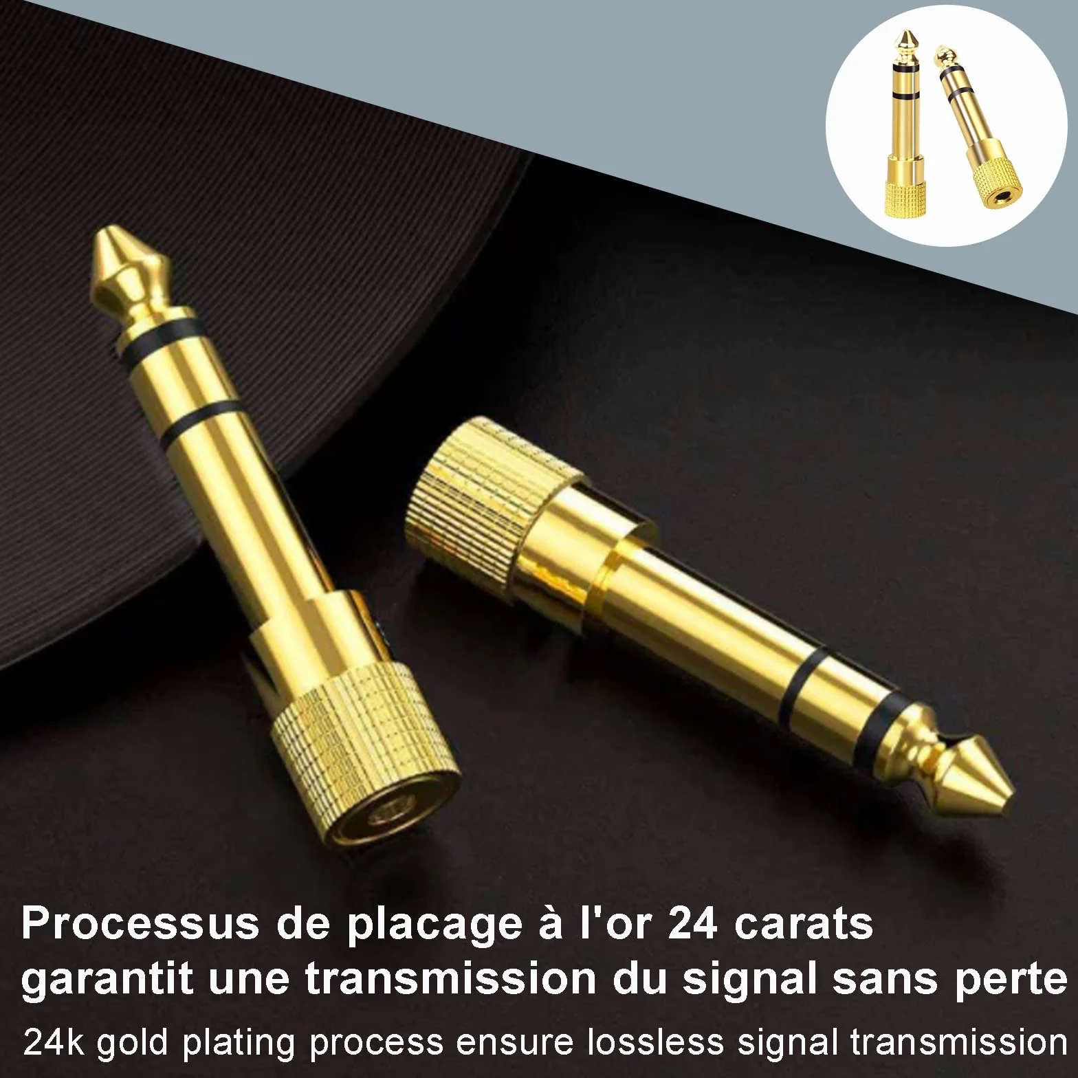 Lot de 2 adaptateurs jack 6,3 à 3,5 cuivre pur plaqué or réducteur mâle femelle stéréo