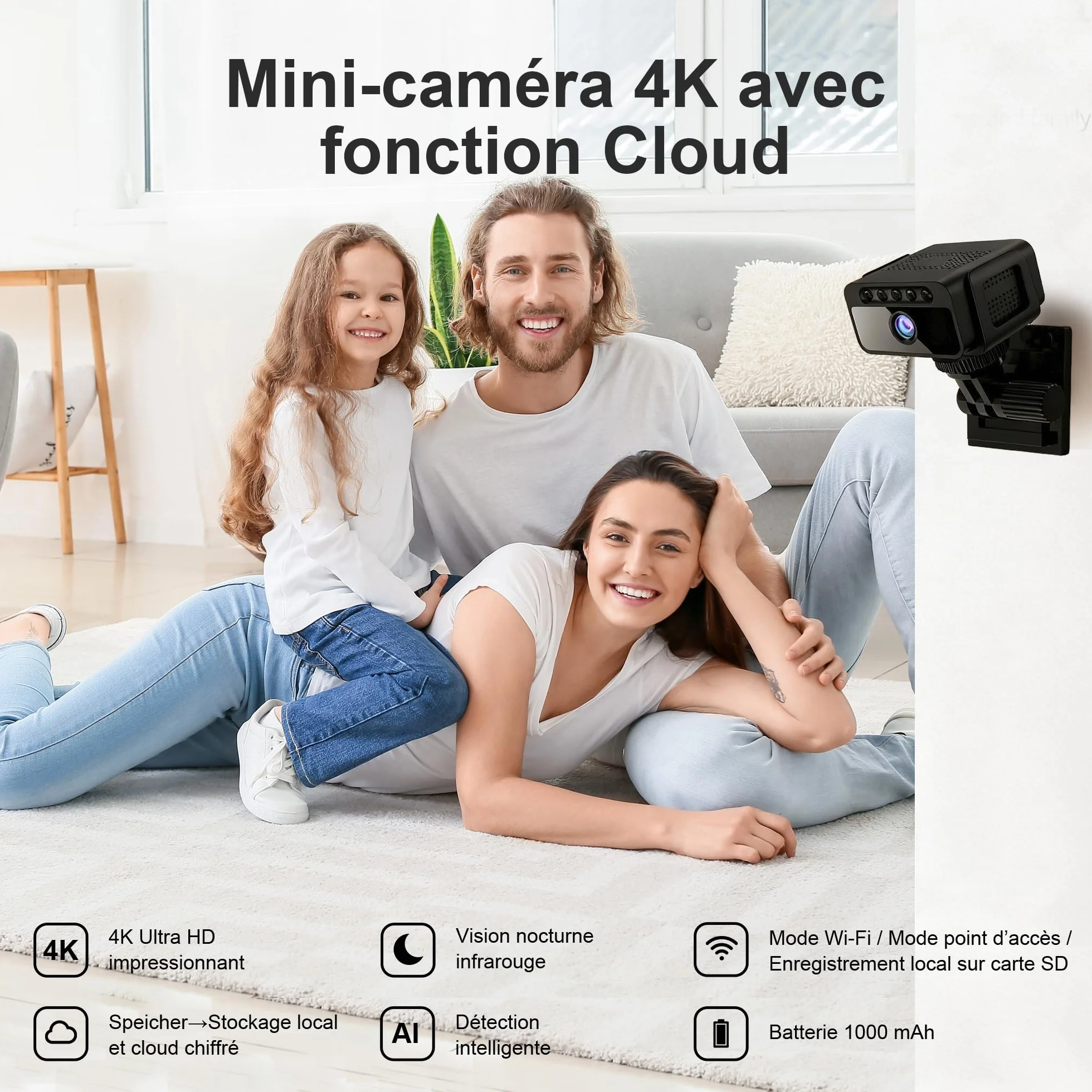 AOBOCAM Caméra Espion WiFi 4K avec Cloud Surveillance Intérieure sans Fil Vision Nocturne Grand Angle 150° Détection de Mouvement IA Mini Caméra de Sécurité