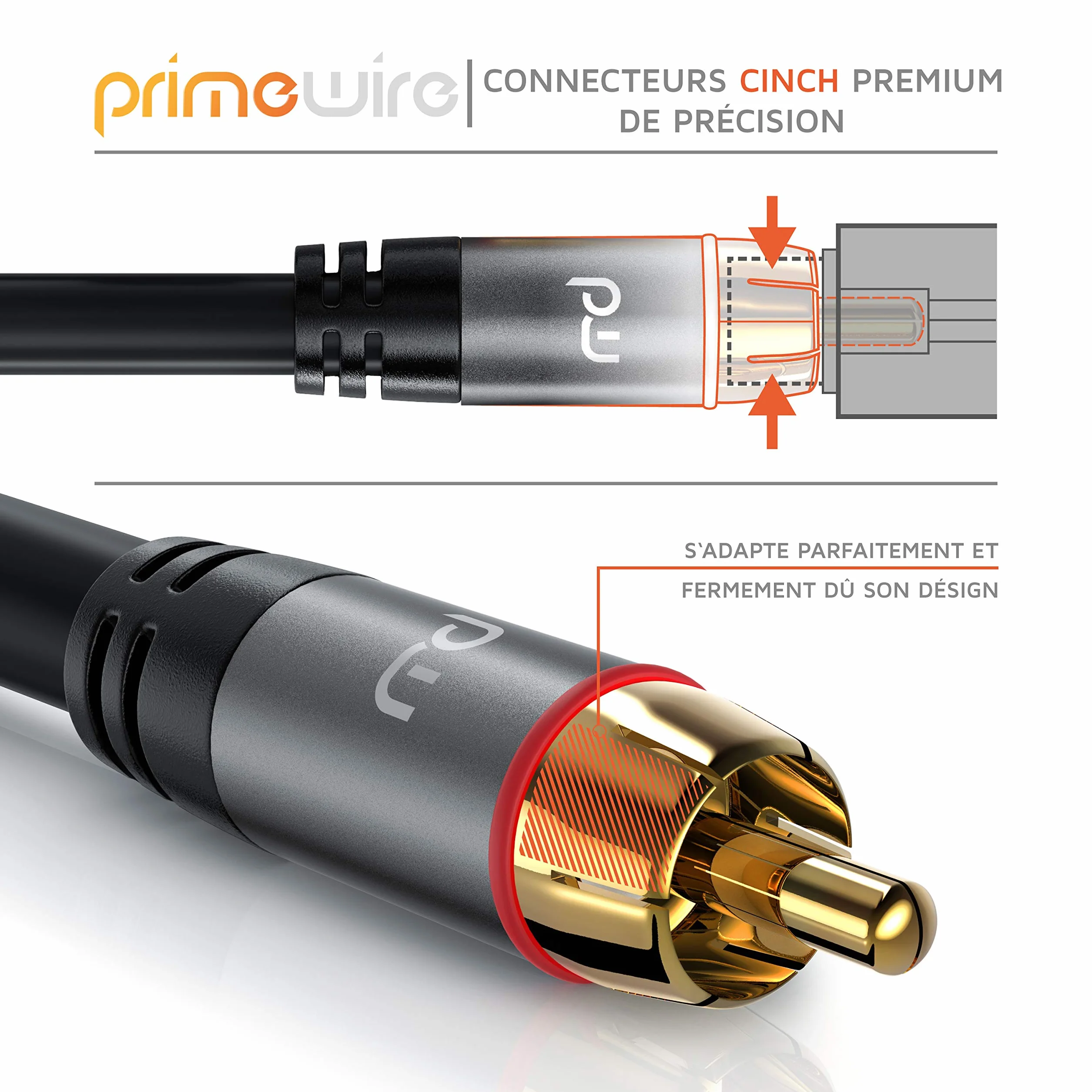 Primewire - Câble Audio stéréo Cinch de 2 m - Câble coaxial entrée Aux - 2 x RCA mâle vers 2 x RCA mâle - Fiches plaquées Or de précision - Blindage continu - conducteur en cuivre sans oxygène,2m,Noir