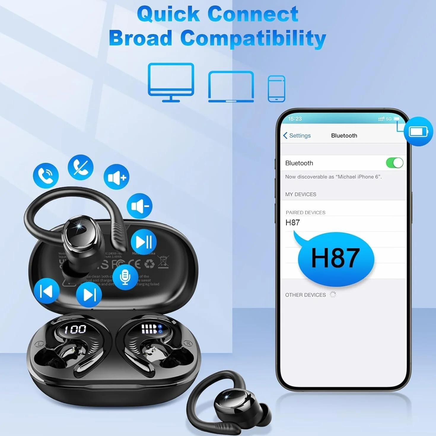 Ecouteurs Bluetooth sans Fil Sport, Écouteur Bluetooth 5.4 avec 4 ENC Mic, 60+Hrs Ecouteurs sans Fil HiFi Stéréo, IP7 Étanche Oreillette Bluetooth Running, USB-C Charge Rapide, Casque Écran LED 2026
