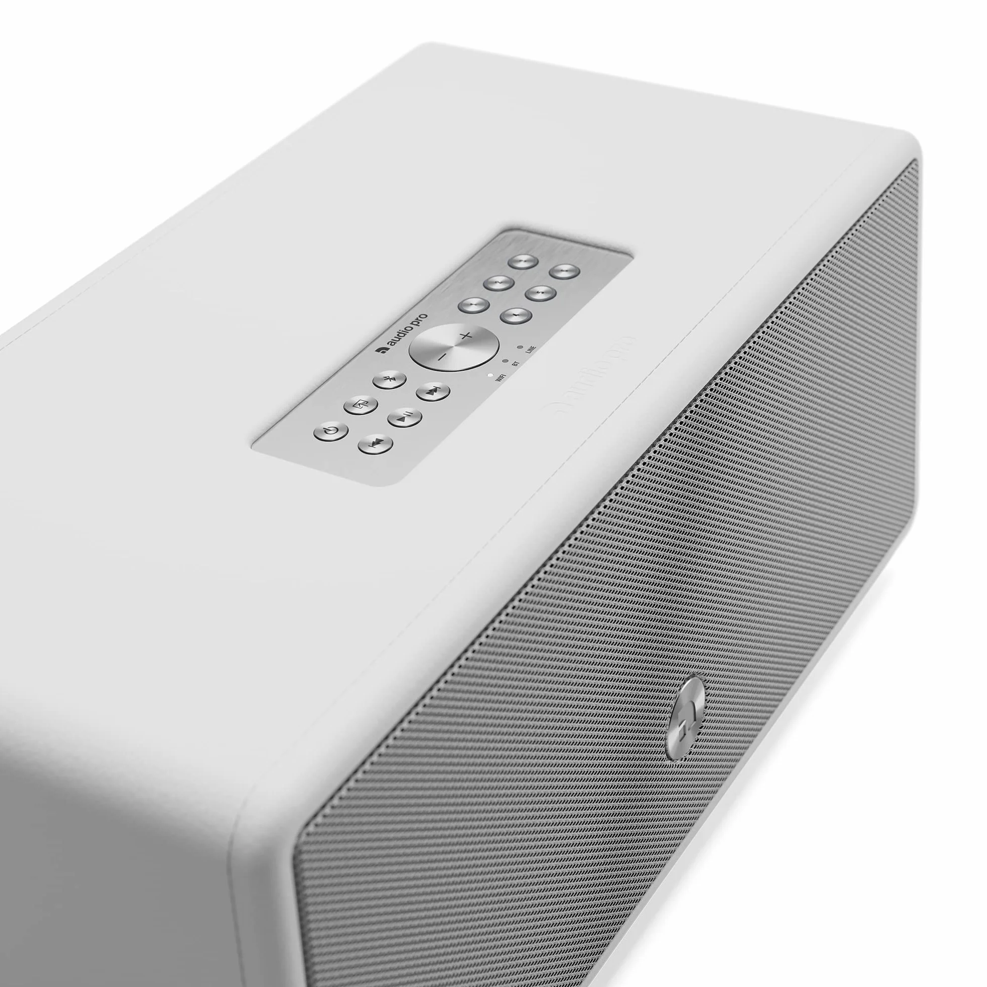 Audio Pro Drumfire-D2 - Enceinte Multiroom Ultra Puissante avec Bluetooth & WiFi - Enceinte Stéréo avec AirPlay 2, Chromecast, Spotify sans Fil - Blanc