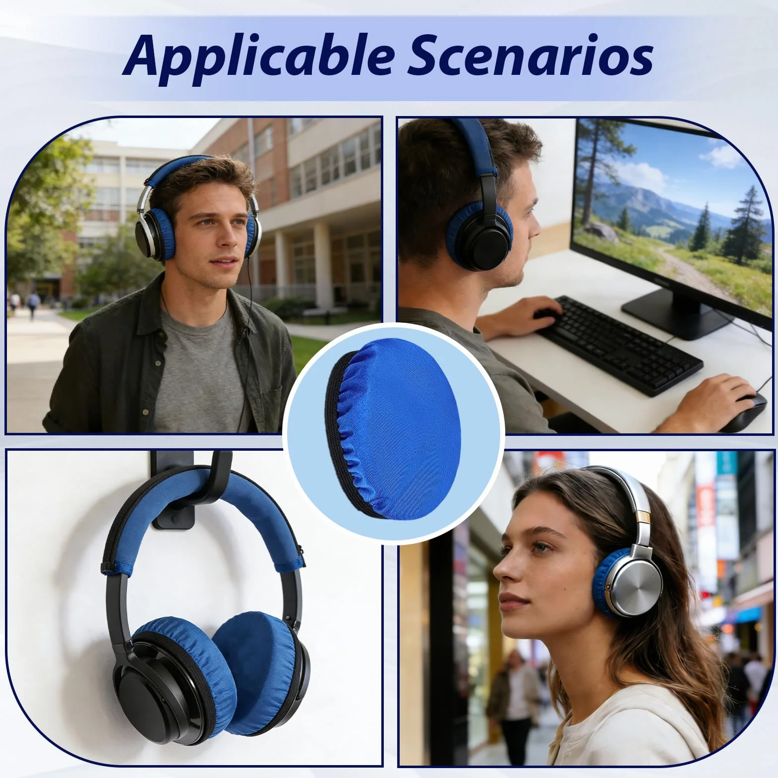 Housse de Protection pour Coussinets de Casque Audio, 6 Pièces, Tissu Élastique Bleu Lavable, Diamètre 6-8.5 cm