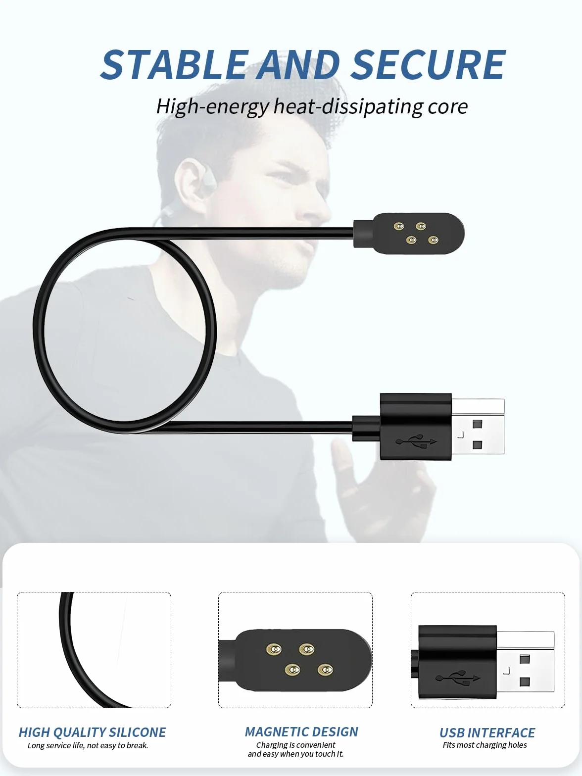 Lot de 2 câbles de charge pour casque de natation IFECCO X27 - Câble de charge USB magnétique solide - Compatible avec IFECCO X27