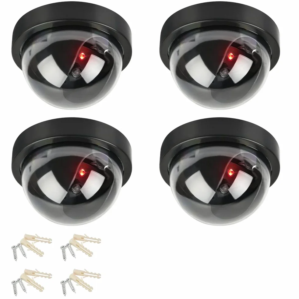 Lot de 4 Camera Factice, Fausse Camera Surveillance Exterieur & Intérieure, Fausse de Sécurité Caméra Dôme CCTV avec LED Clignotant Lumière pour Les Entreprises Magasins Accueil