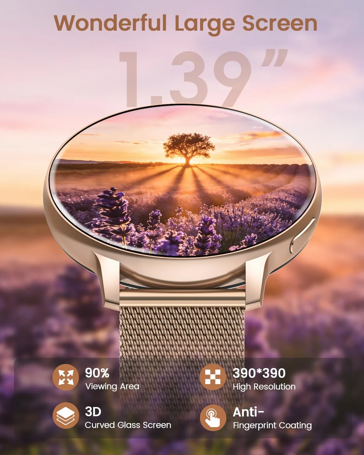 Montre Connectée Femme, 1.39" Smartwatch avec Appel Bluetooth, 24H Sommeil/Fréquence Cardiaque/SpO2 Fonction Féminine, 120+ Sportifs/IP68 Étanche Fitness Podomètre Compatible pour Android iOS, Or Rose