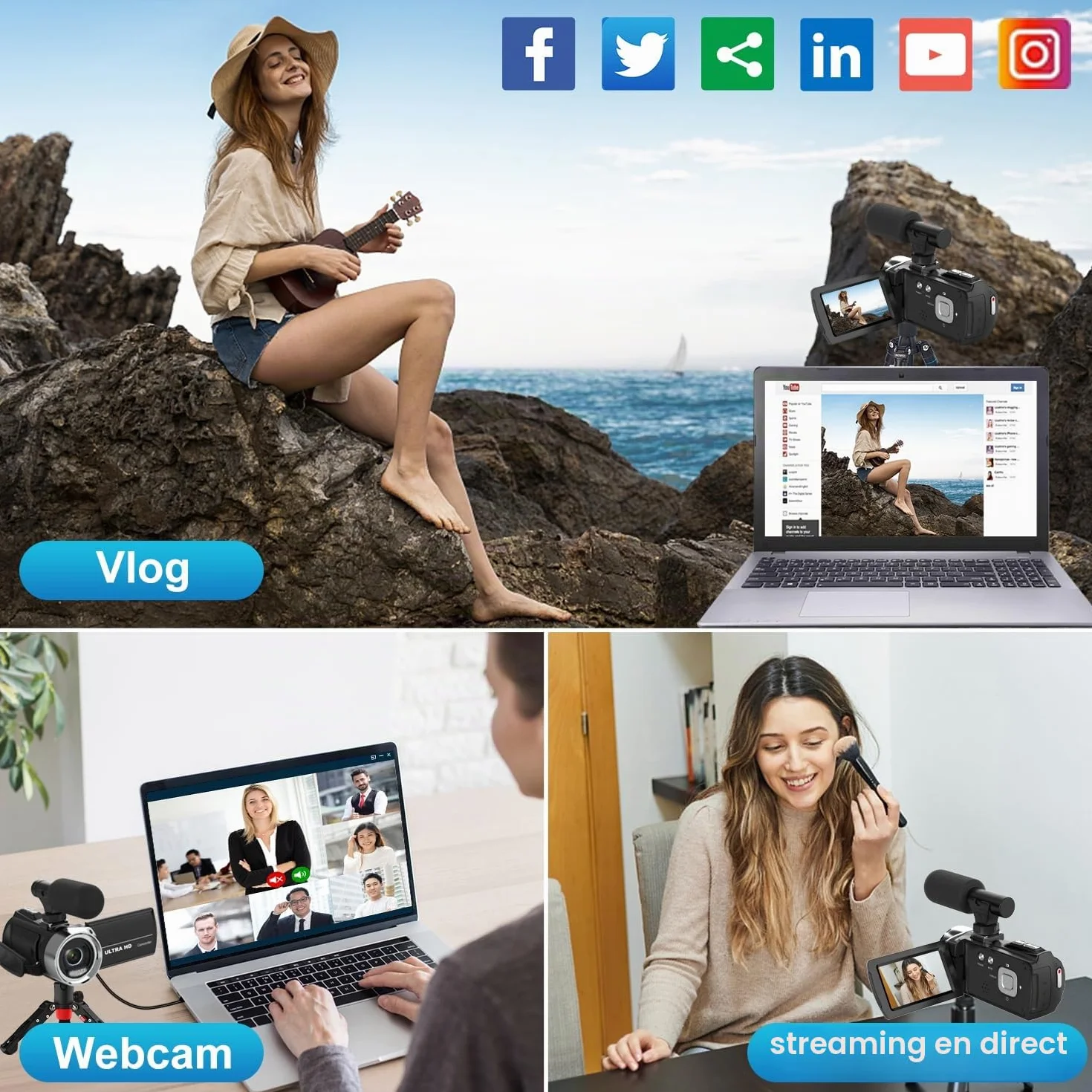 4K Caméra Vidéo Ultra HD 1080P pour Youtube, Zoom Numérique 18X, Écran IPS 3 Pouces Rotatif à 270°, Microphone Intégré