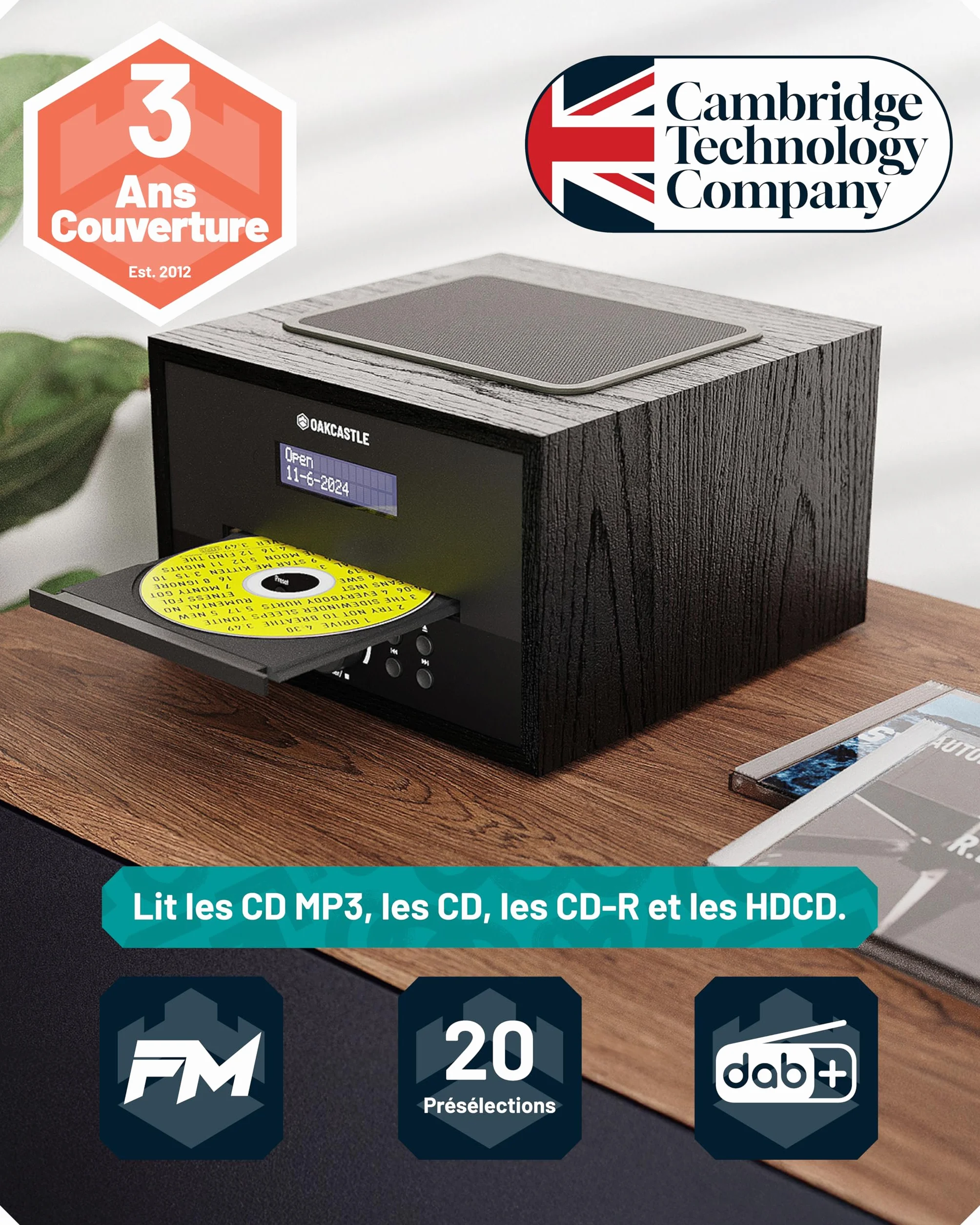 Mini Chaîne HiFi CD Radio Dab+ | Lecteur CD Bluetooth avec Haut-parleurs 40W | Radio Réveil avec Double Alarme, 99 Stations | USB, AUX, MP3 | Télécommande Incluse | Oakcastle DAB400