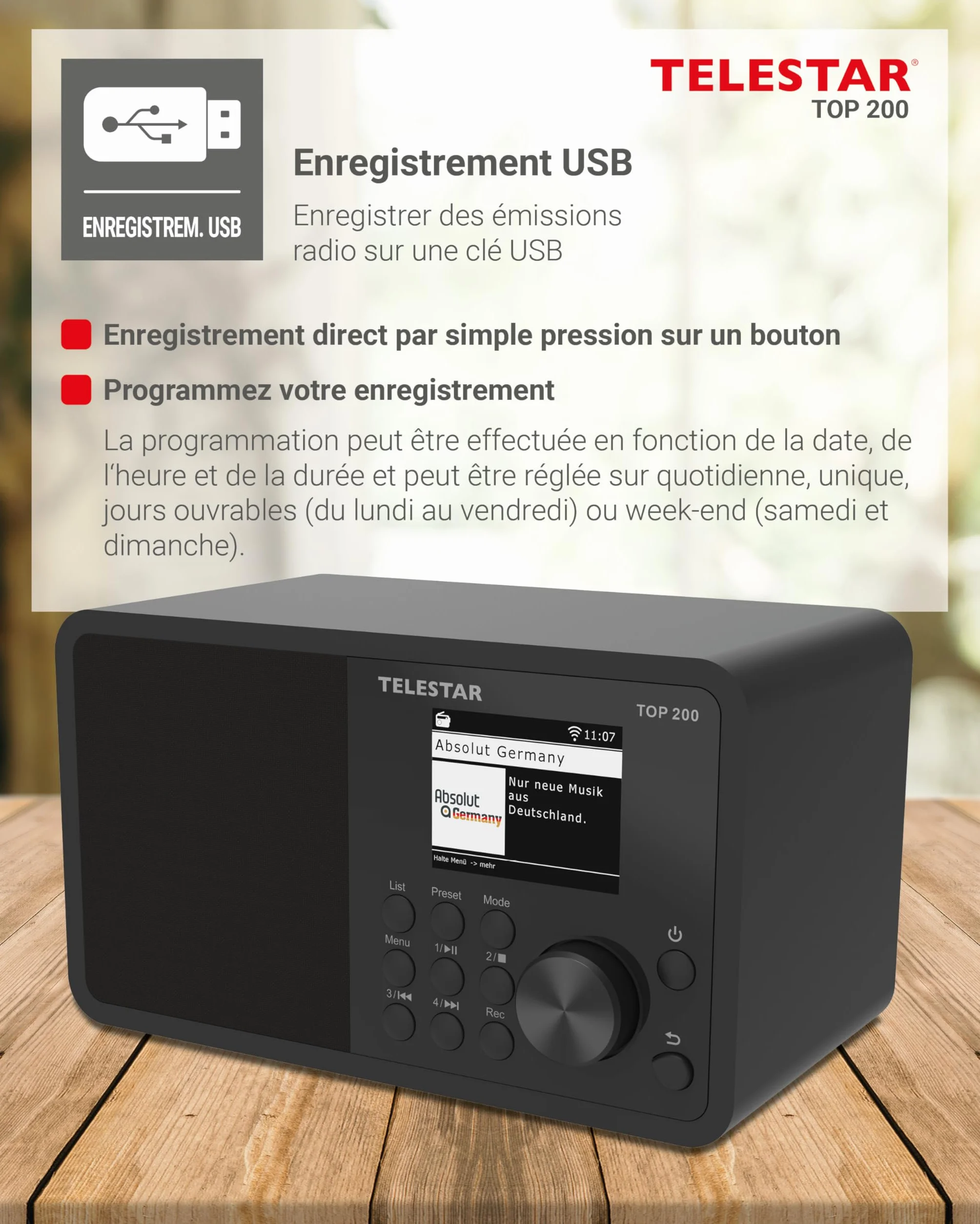 TELESTAR Top 200 – Radio Dab Plus -Internet (Mono, 10 W, Bluetooth Audio-Streaming & Fonction émetteur, Enregistrement USB, système d’Alerte d’Urgence, contrôle Via Application) – Noir