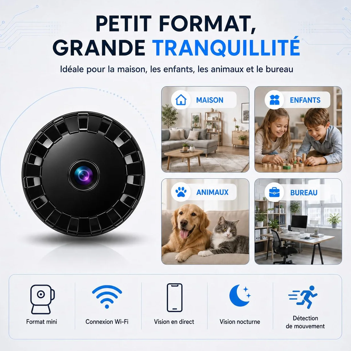 2026 Surveillance Mini Caméra Espion sans Fil , Caméra de sécurité WiFi HD 1080P avec Vision Nocturne intérieur/extérieur pour bébé, Animal de Compagnie, Compatible Smartphone (Black, Mini 4 pièce)