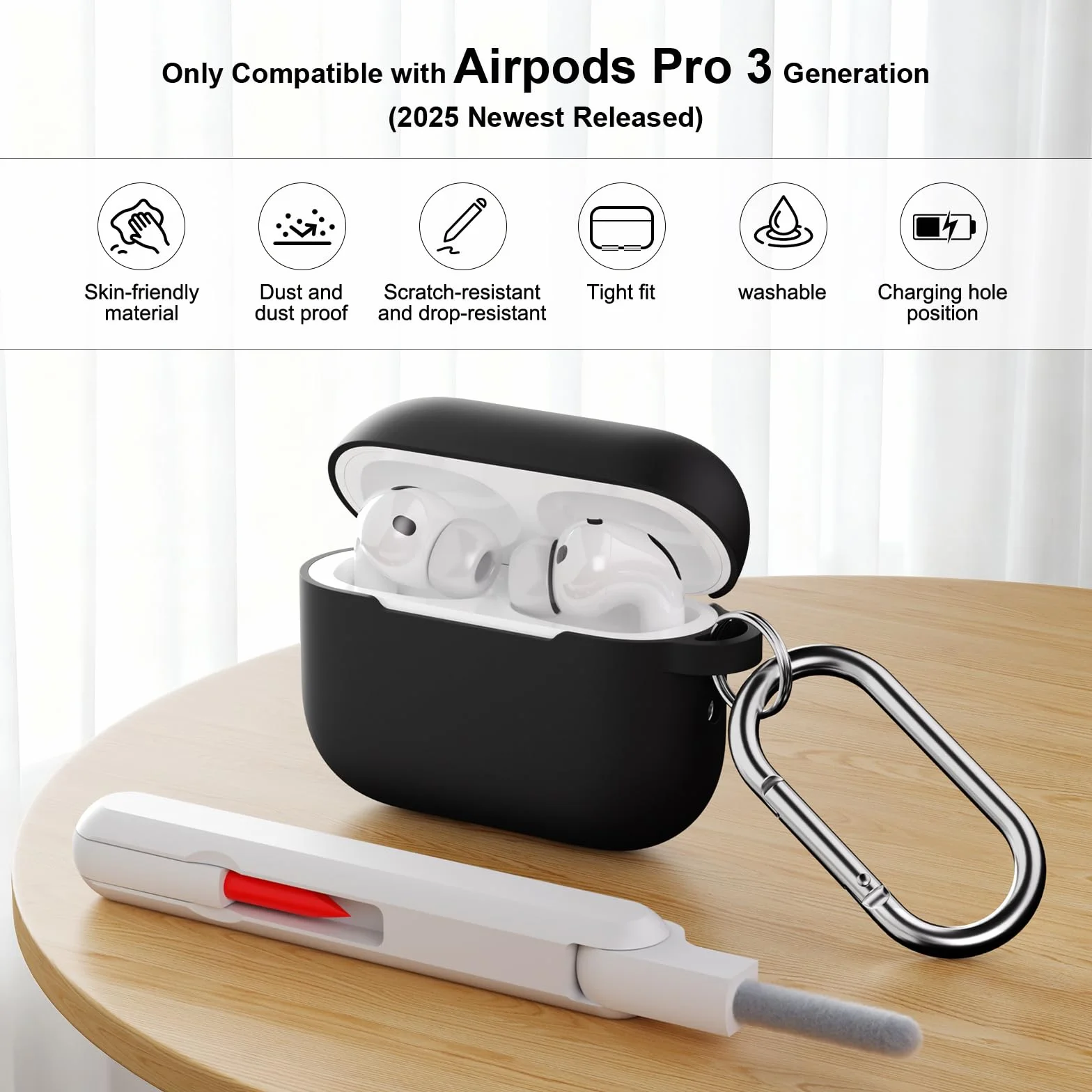 Coque silicone AirPods Pro 3 (2025) protection antichoc avec brosse nettoyage et mousqueton - Noir