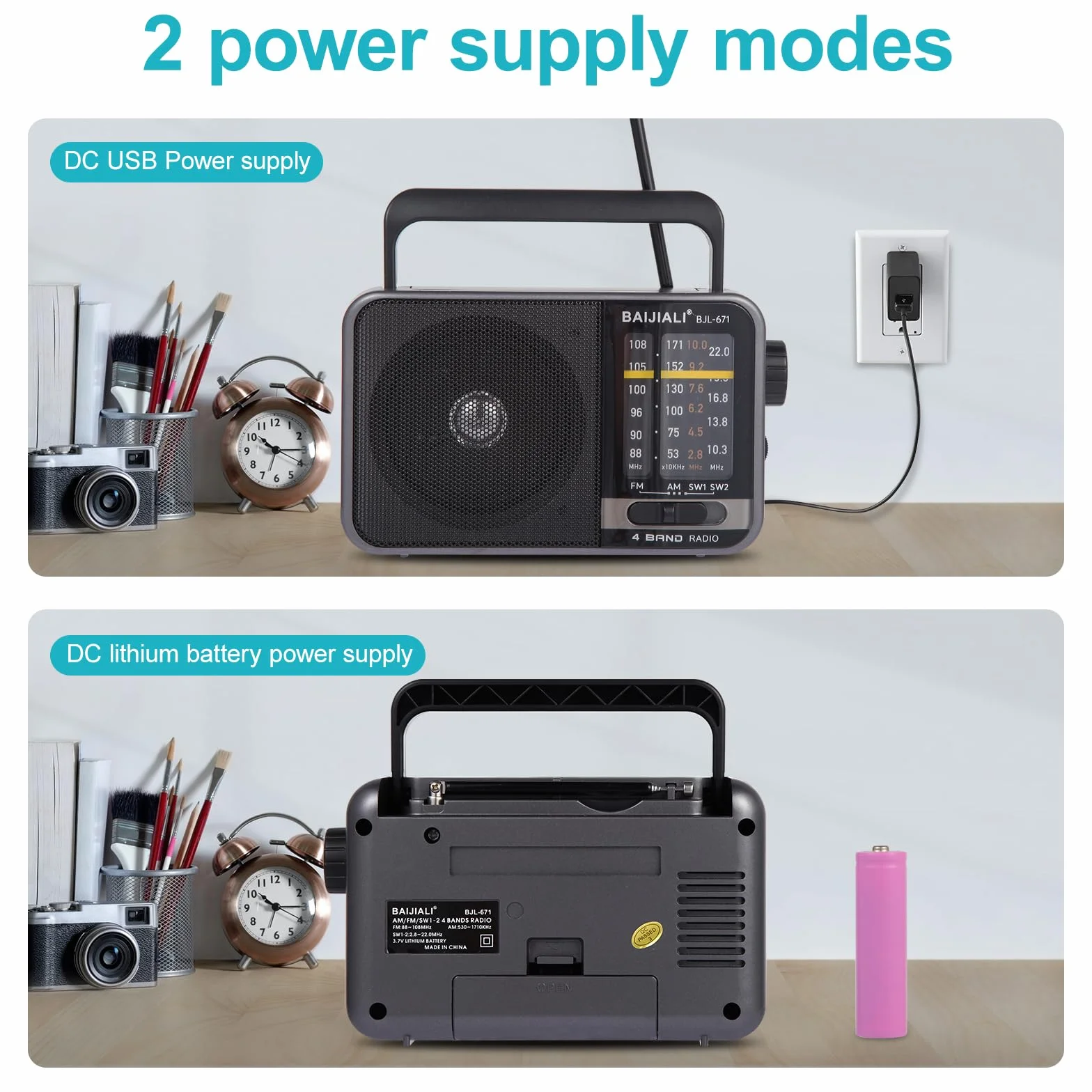 Radio Portable AM/FM avec Haut-Parleur Puissant - Poste Radio à Piles ou USB - Transistor Radio Compact de Survie pour la Maison, Extérieur, Voyage et Intempéries (Modèle BJL-671)