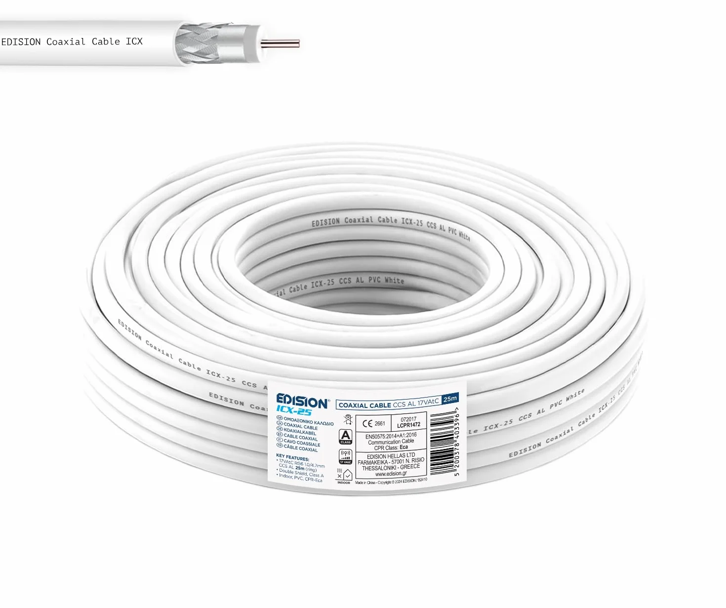 EDISION ICX-25 Câble coaxial 25m, Câble d'antenne TV Interne PVC Blanc, Acier Cuivré CCS/AL, 17VAtC, CPR Eca, Classe A, Câble Sat, pour DVB-S2, DVB-T/T2, DVB-C, RADIO, Bobine 25m