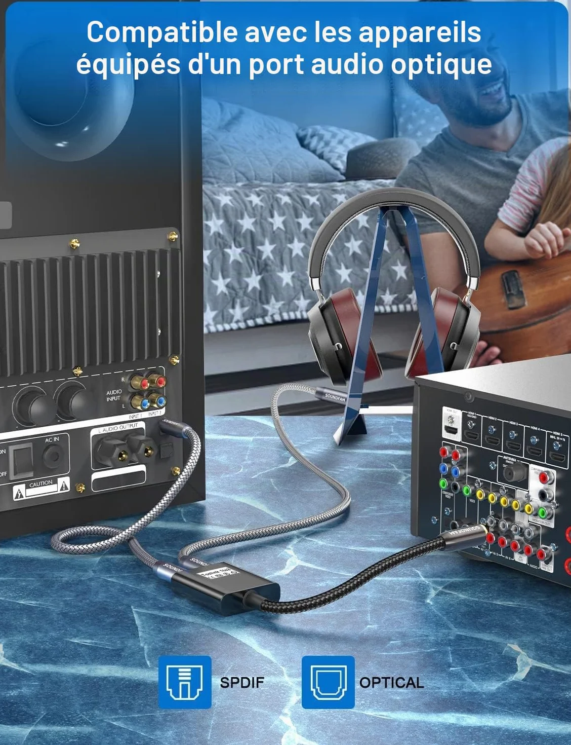 Répartiteur Fibre Optique Répartiteur Câble Optique Audio 1 Entre 2 Sorti Adaptateur Audio Numérique Toslink pour Barre, TV - Noir