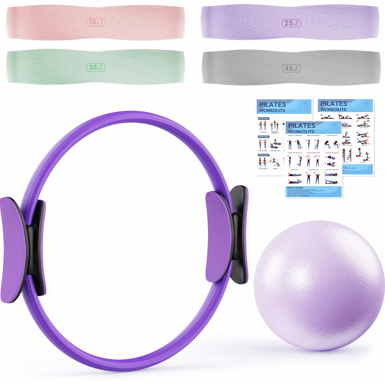 Set Anneau Pilates avec Cercle Pilates, 4 Bandes Résistance 15-45 LB, Mini Ballon Anti-éclatement, Kit Pilates Maison